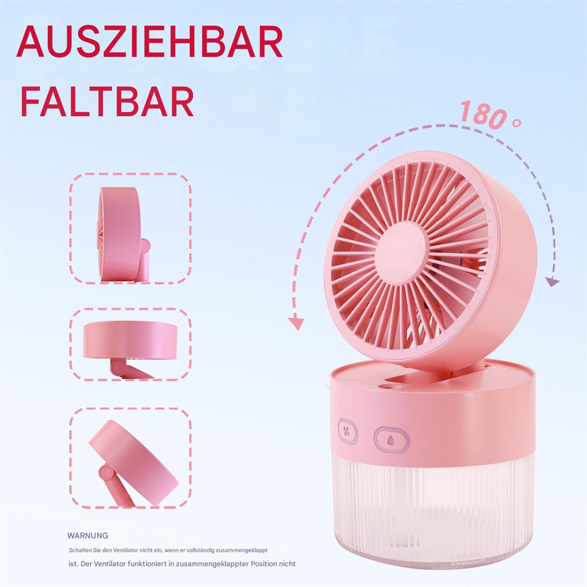 Rosa Ventilator, faltbar und ausziehbar, mit Diagrammen, die Positionen zeigen.