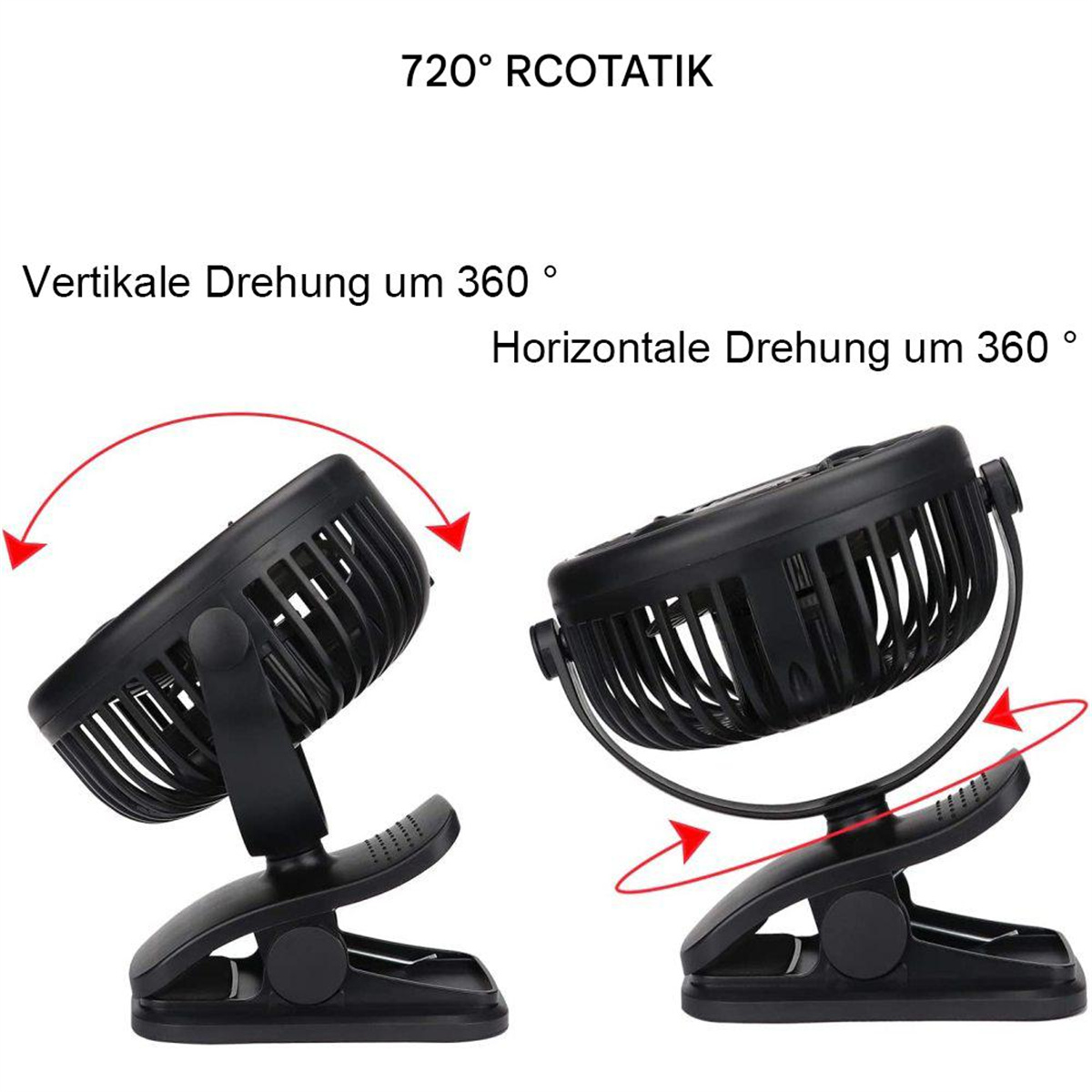 Zwei schwarze Ventilatoren demonstrieren die horizontale und vertikale 360-Grad-Drehung.