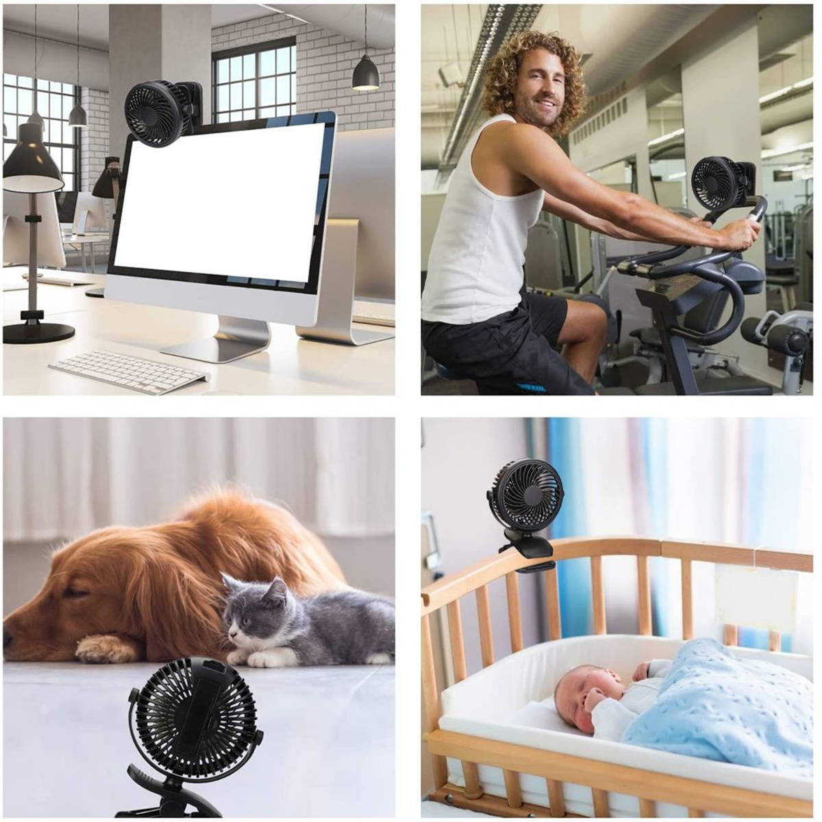 Vier Bilder, die einen schwarzen Ventilator in verschiedenen Umgebungen zeigen: Büro, Fitnessstudio, Hund und Katze und Kinderbett.