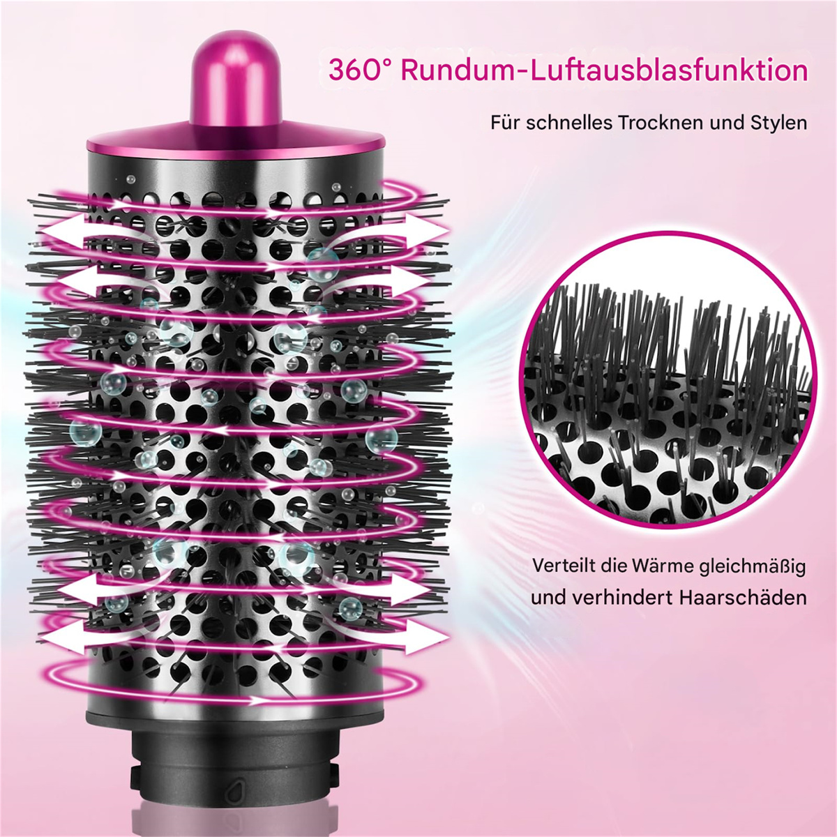 Haarstylingbürste mit pinkem Oberteil. Nahaufnahme des Bürstenkopfes mit Borsten und Luftlöchern.