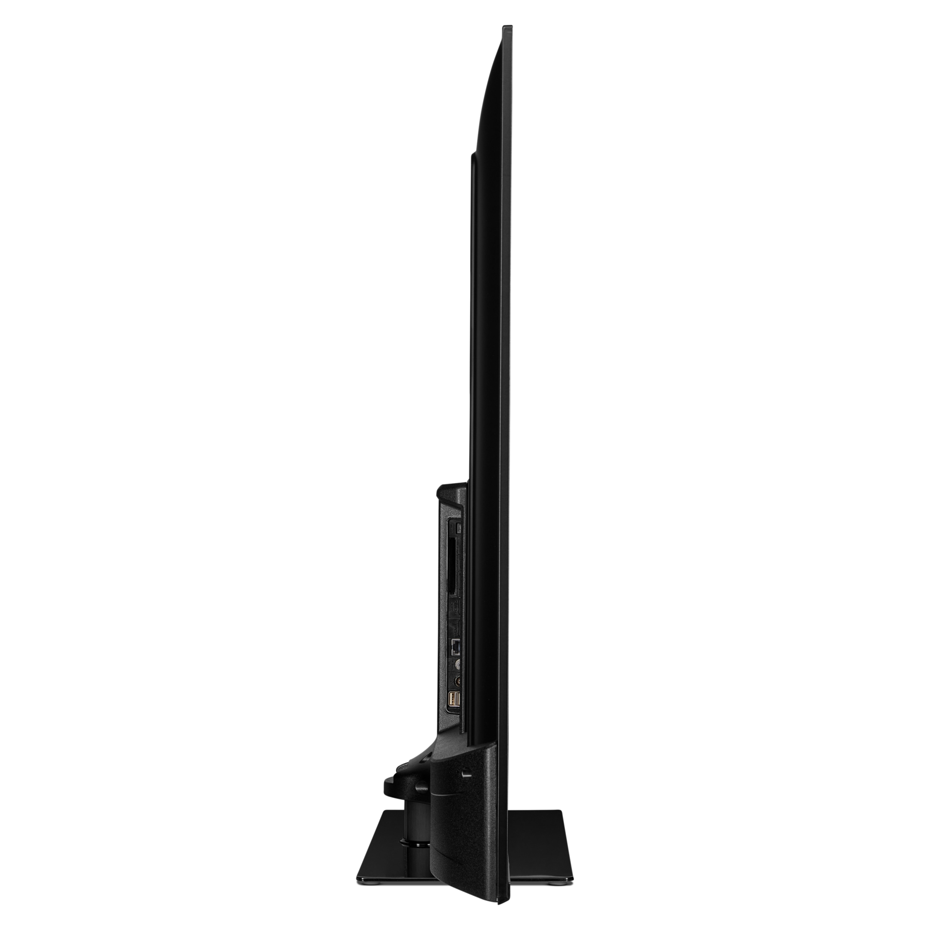 Een zijaanzicht van een slanke zwarte flatscreen televisie op een zwarte standaard.