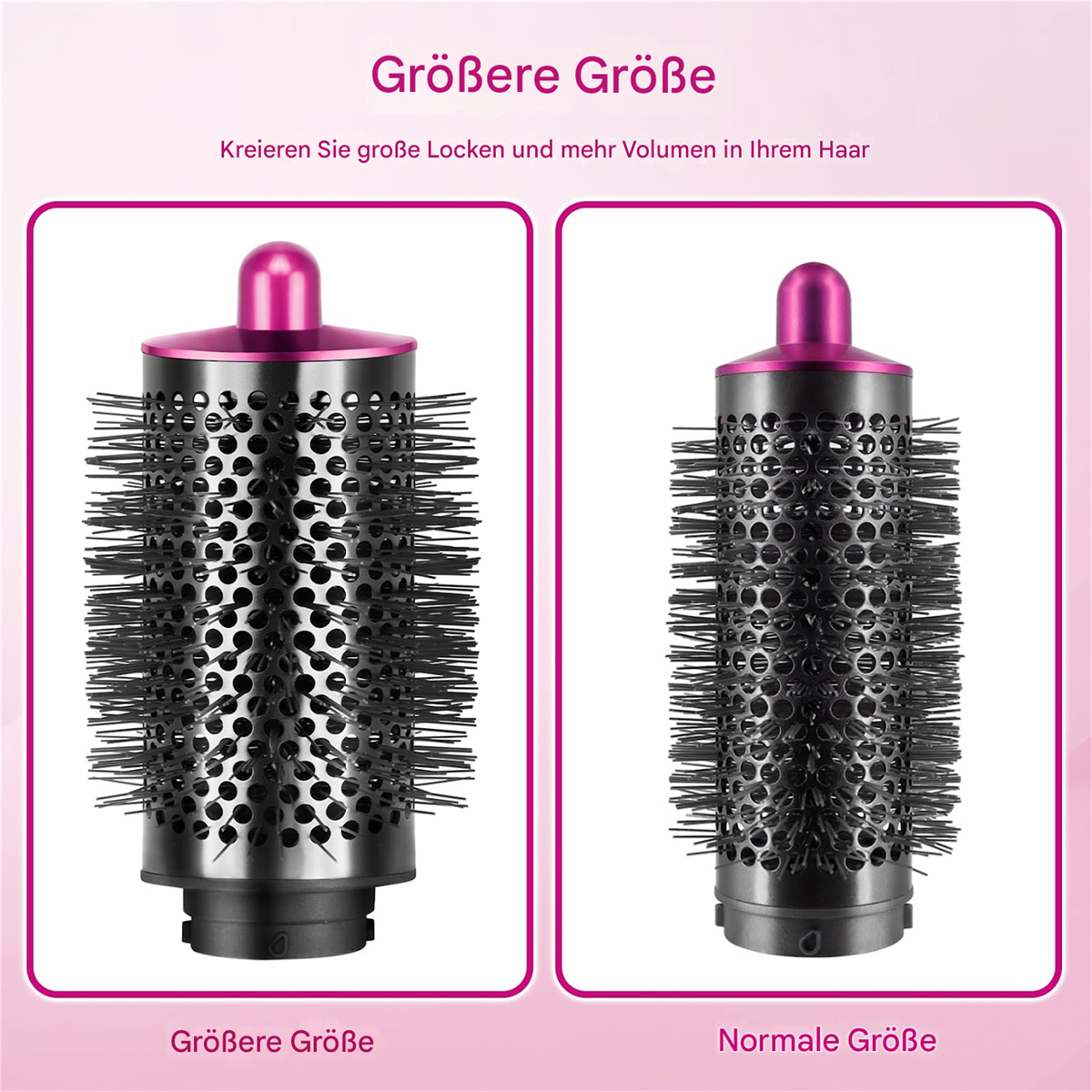 Zwei Haarstylingbürsten. Eine größere, eine kleinere. Beide haben pinke Oberteile und schwarze Borsten.