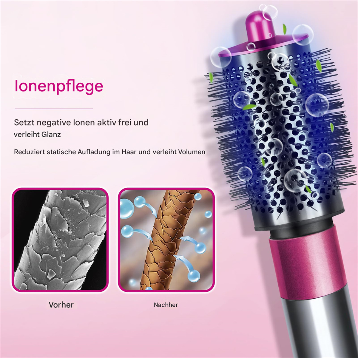 Haarbürste mit pinkfarbenem Griff und Diagramme, die Haare vorher und nachher zeigen. Text: Ionenpflege.