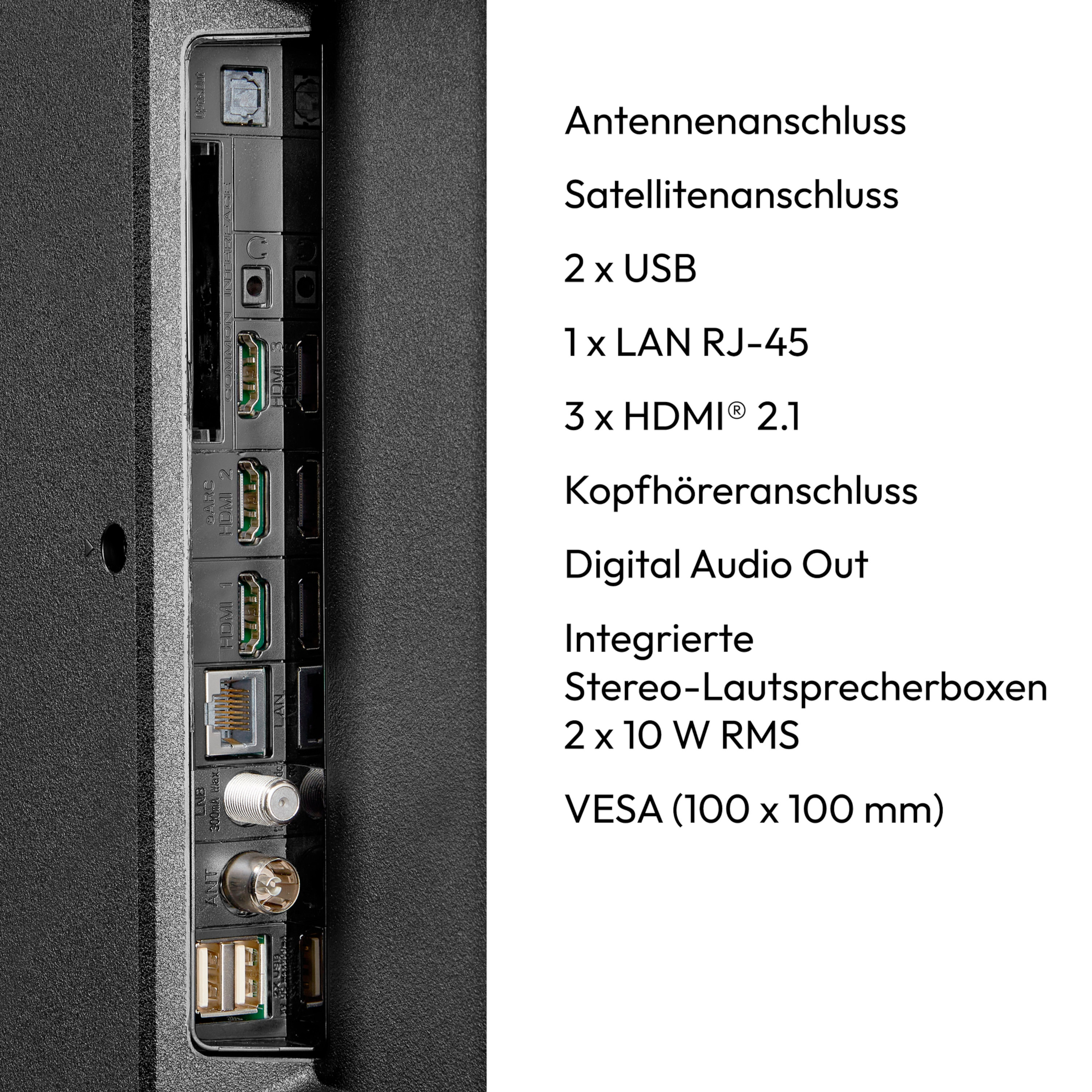 Close-up van de poorten van een tv: antenne, satelliet, USB, LAN, HDMI, koptelefoon en audio-uitgang.