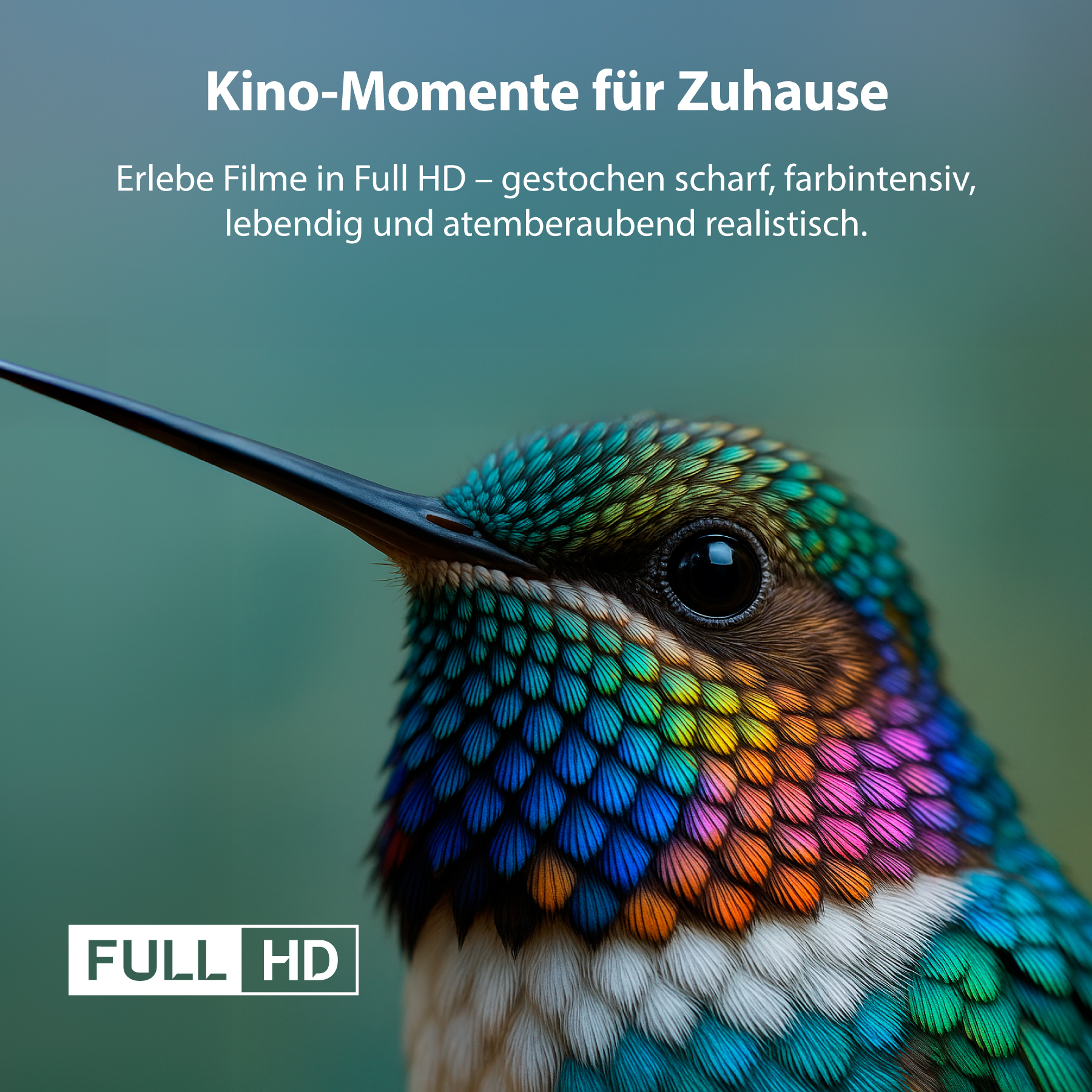 Ein Kolibri mit leuchtendem Gefieder im Fokus. Text: 'Kino-Momente für Zuhause' und 'FULL HD'.