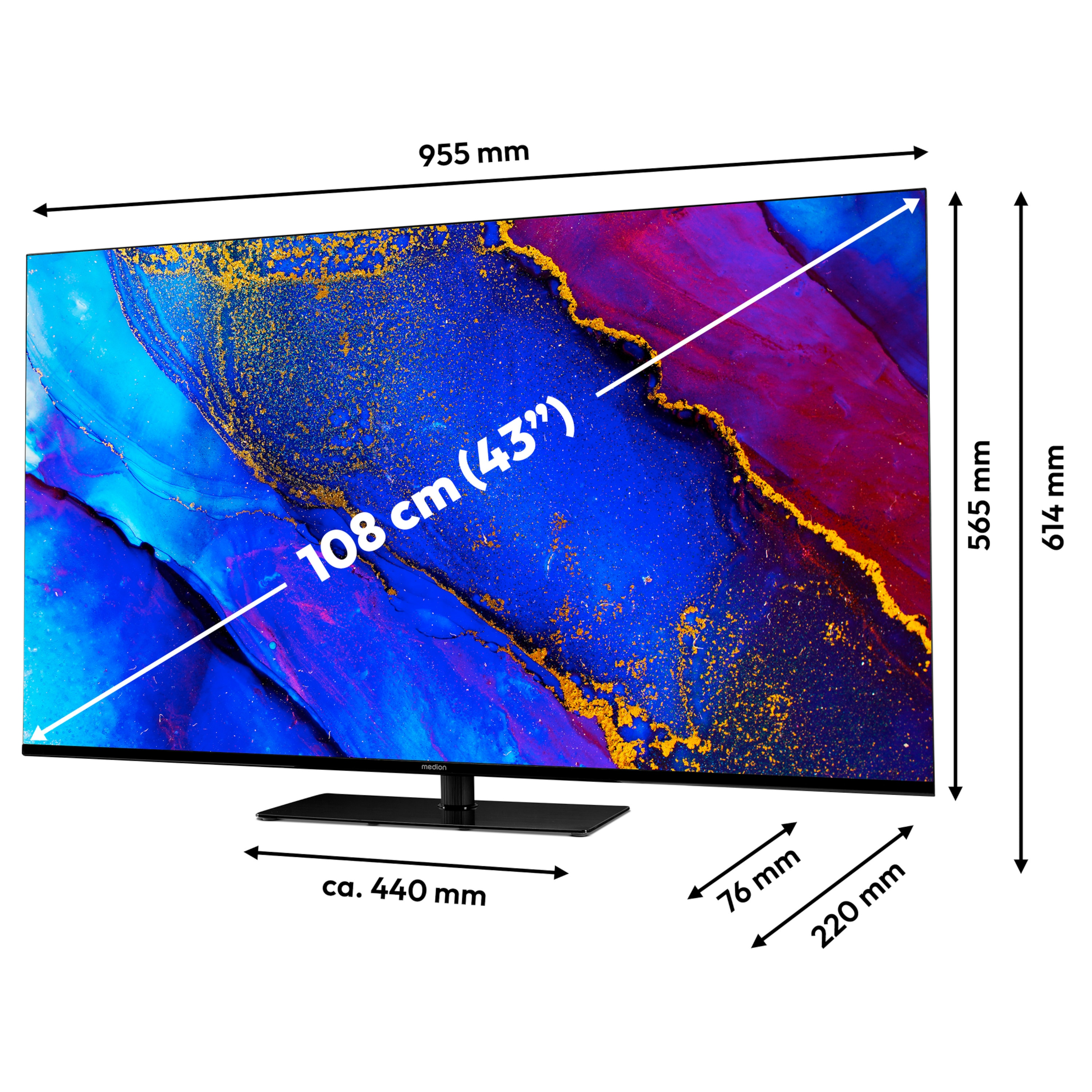 Een tv met afmetingen: 955 mm breed, 108 cm (43") diagonaal en andere afmetingen.