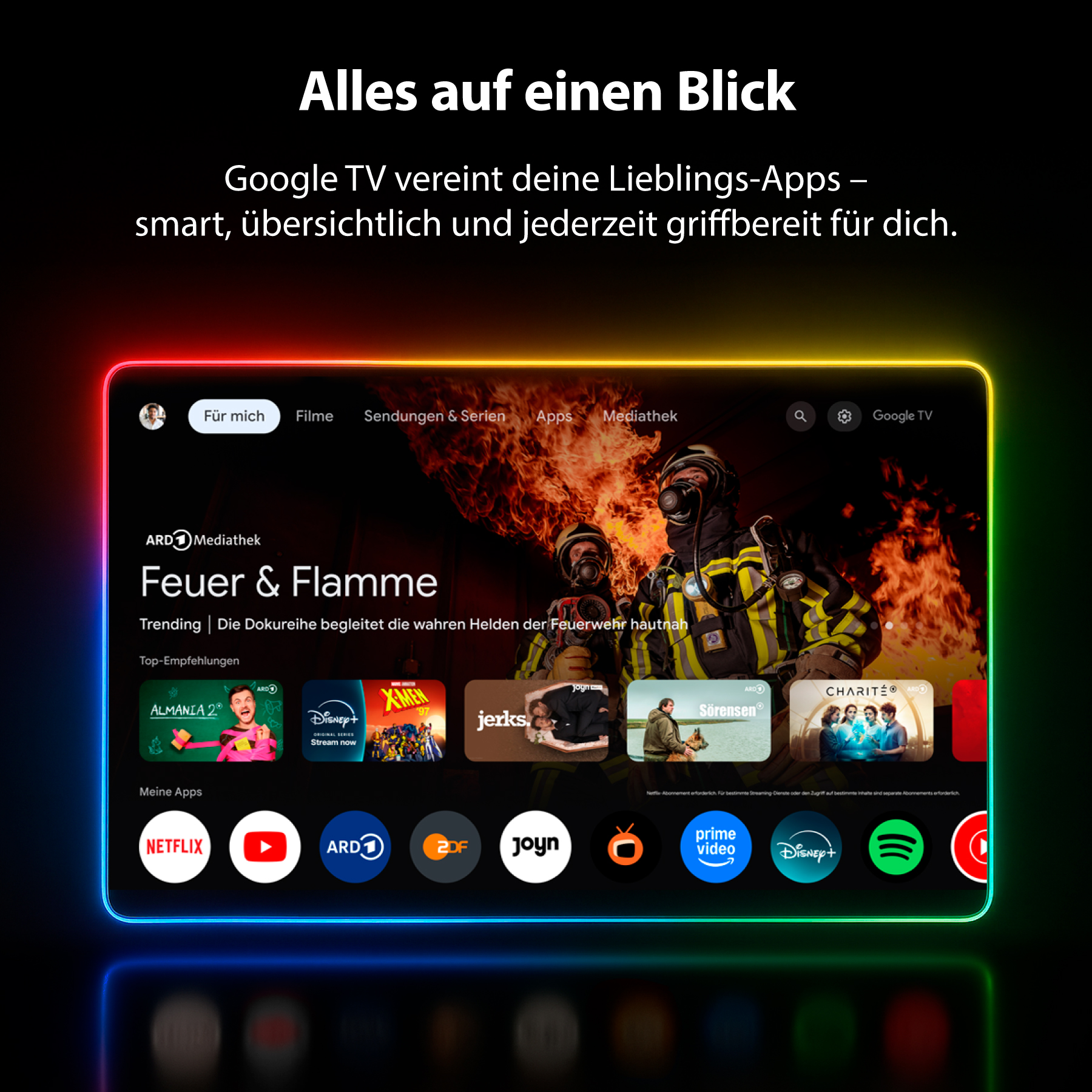 Ein Fernsehbildschirm mit Google TV-Oberfläche. Der Bildschirm hat einen farbenfrohen Rahmen.