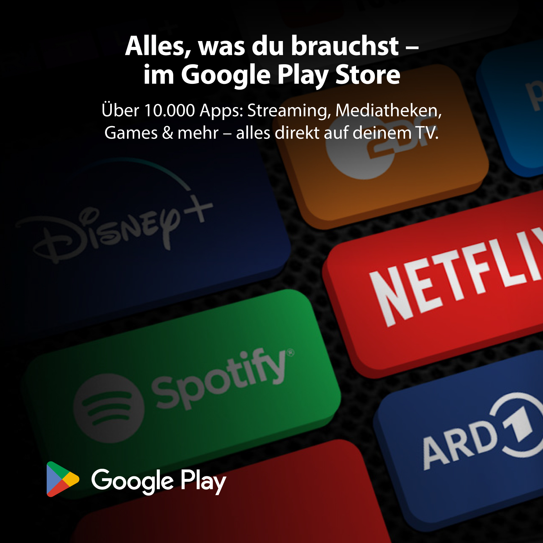 Ein Bildschirm zeigt Google Play App-Icons. Text: 'Alles, was du brauchst – im Google Play Store'.
