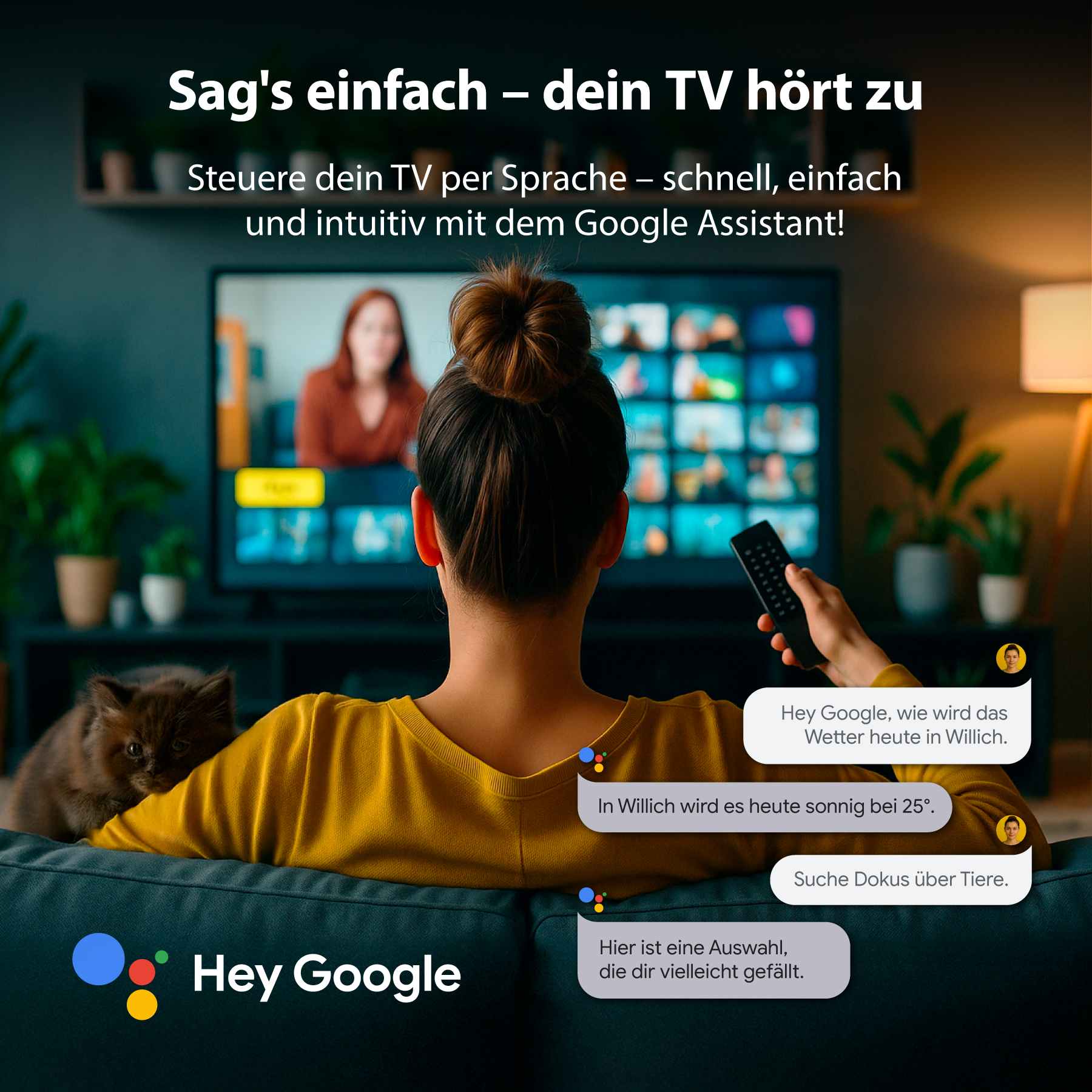 Eine Frau sitzt auf einer Couch und schaut fern. Eine Katze sitzt auf der Couch. Der Bildschirm zeigt eine Frau und Sprechblasen.