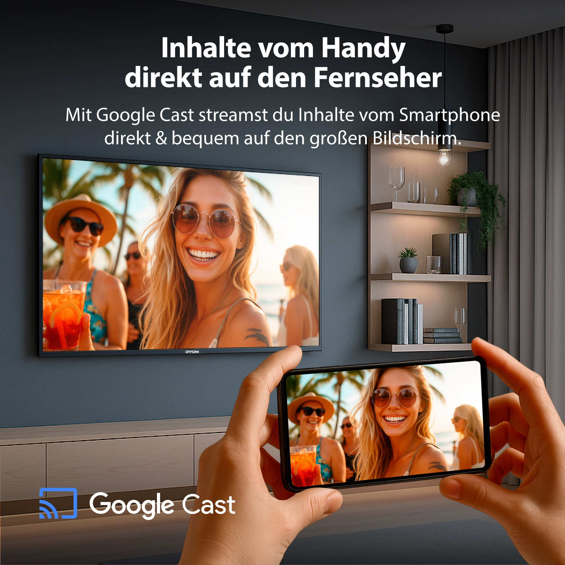Ein Fernseher zeigt Strand. Ein Telefon zeigt dieselbe Szene. Text: 'Inhalte vom Handy direkt auf den Fernseher'.