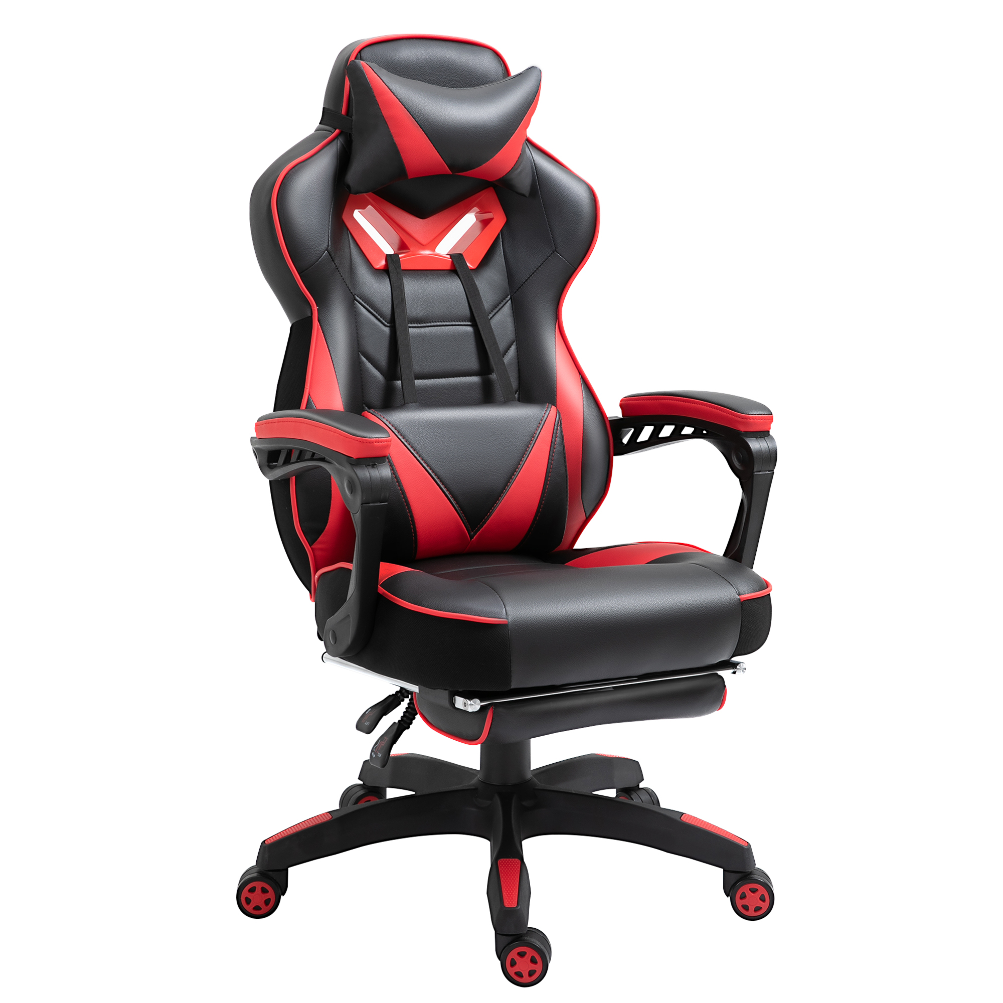 Ein schwarzer und roter Gaming-Stuhl mit Kopfstütze und Fußstütze. Der Stuhl hat eine Fünf-Sterne-Basis.