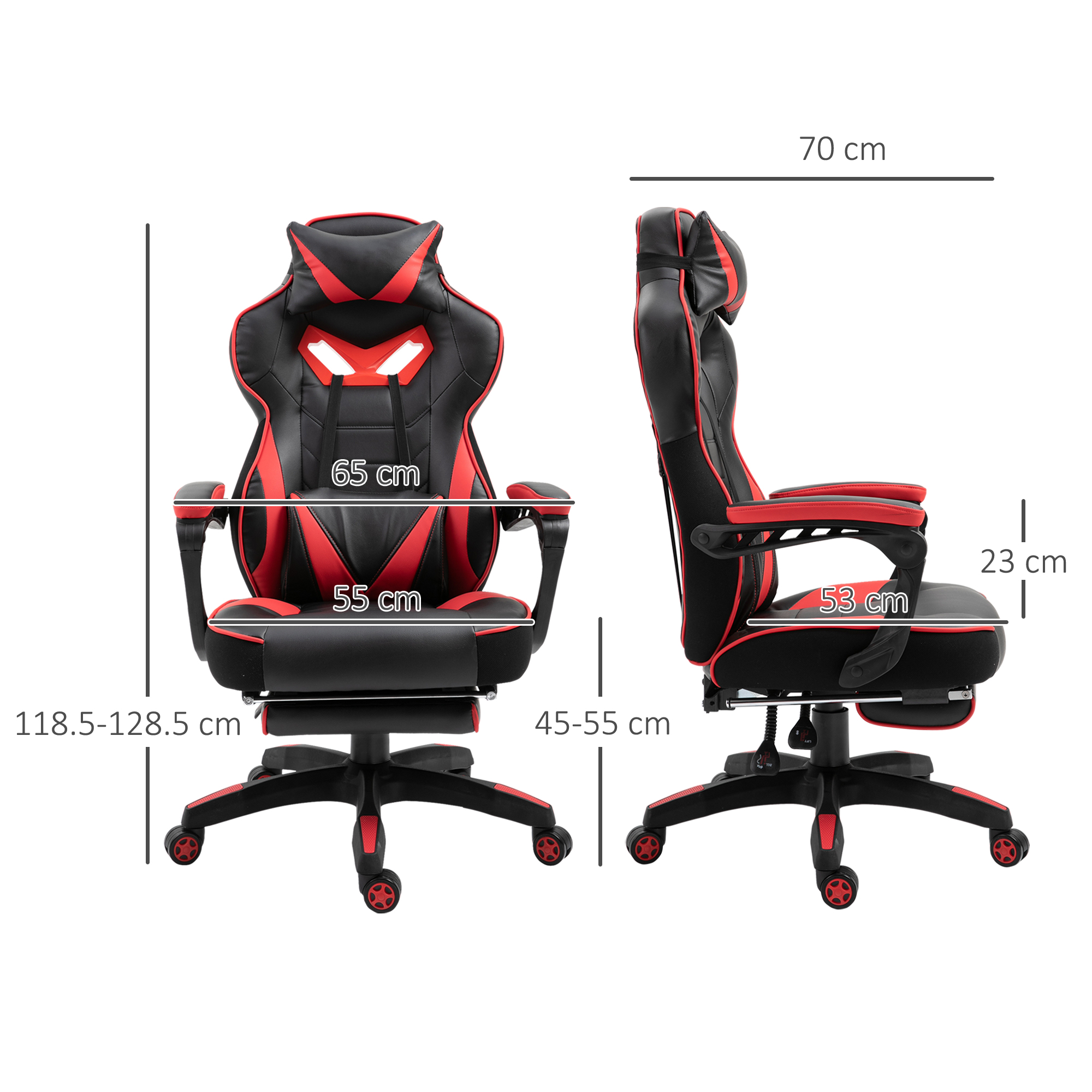 Ein schwarz-roter Gaming-Stuhl. Abmessungen sind in cm angegeben. Der Stuhl steht vor weißem Hintergrund. Seitenansicht gezeigt.