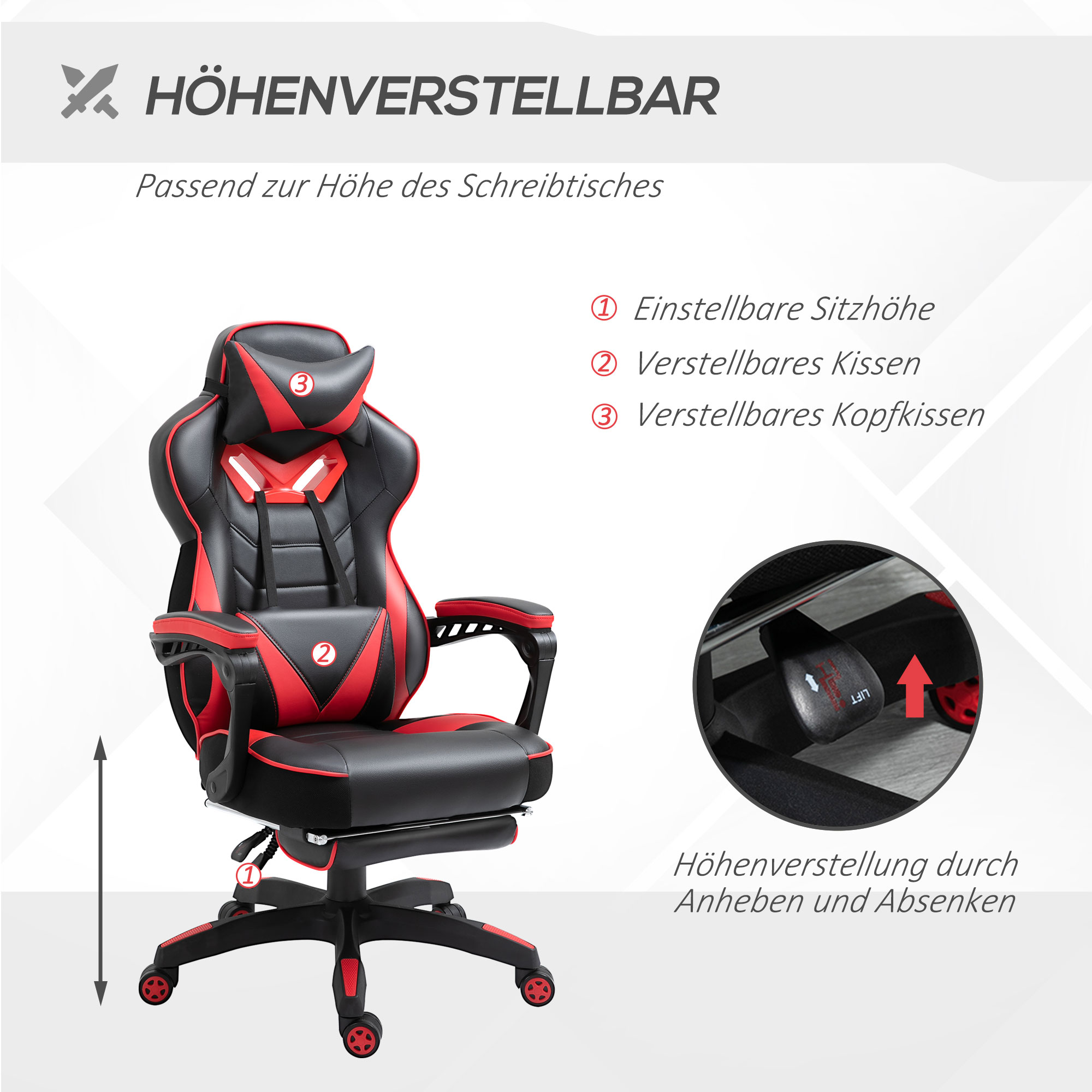 Ein schwarz-roter Gaming-Stuhl mit verstellbaren Funktionen. Er hat eine Kopfstütze, Rückenlehne und Sitz. Funktionen nummeriert.