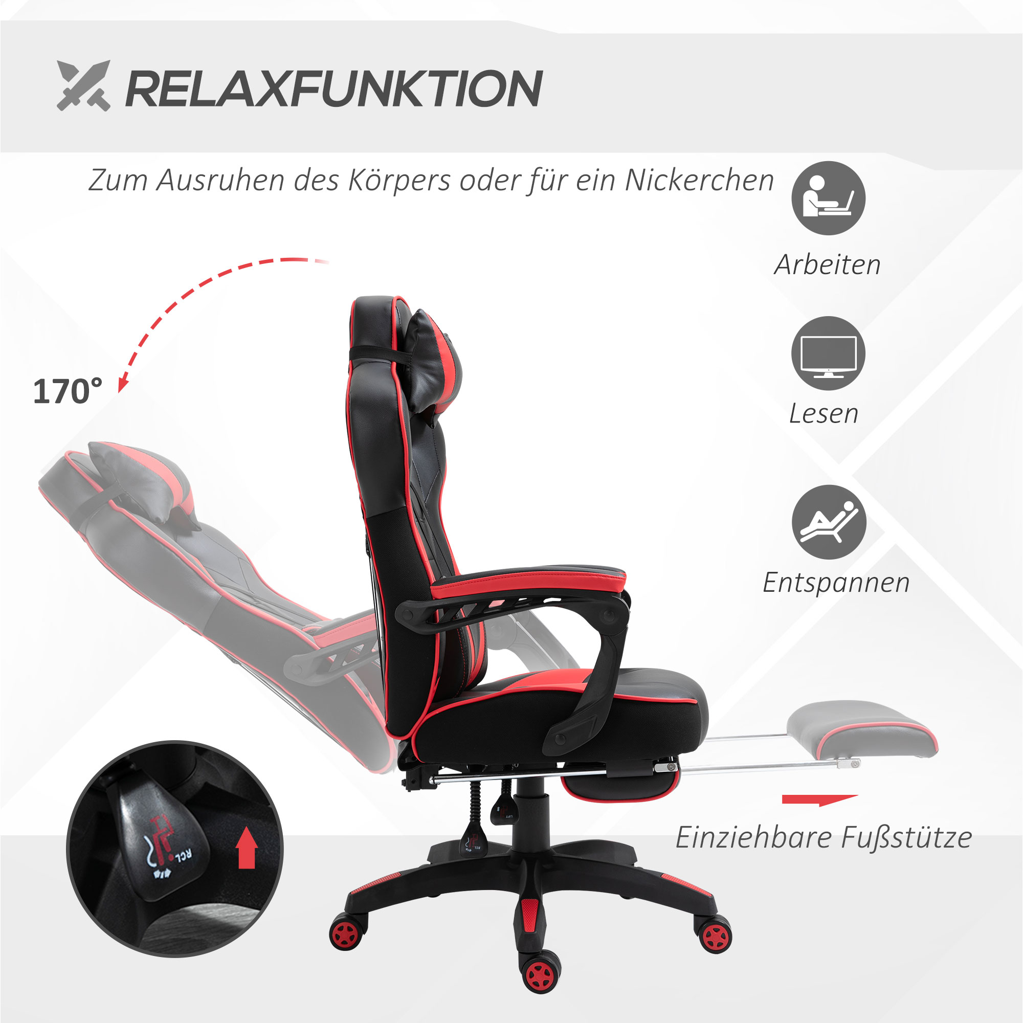 Ein Gaming-Stuhl ist zurückgelehnt. Er hat eine Fußstütze und rote Akzente. Der Stuhl in verschiedenen Positionen.