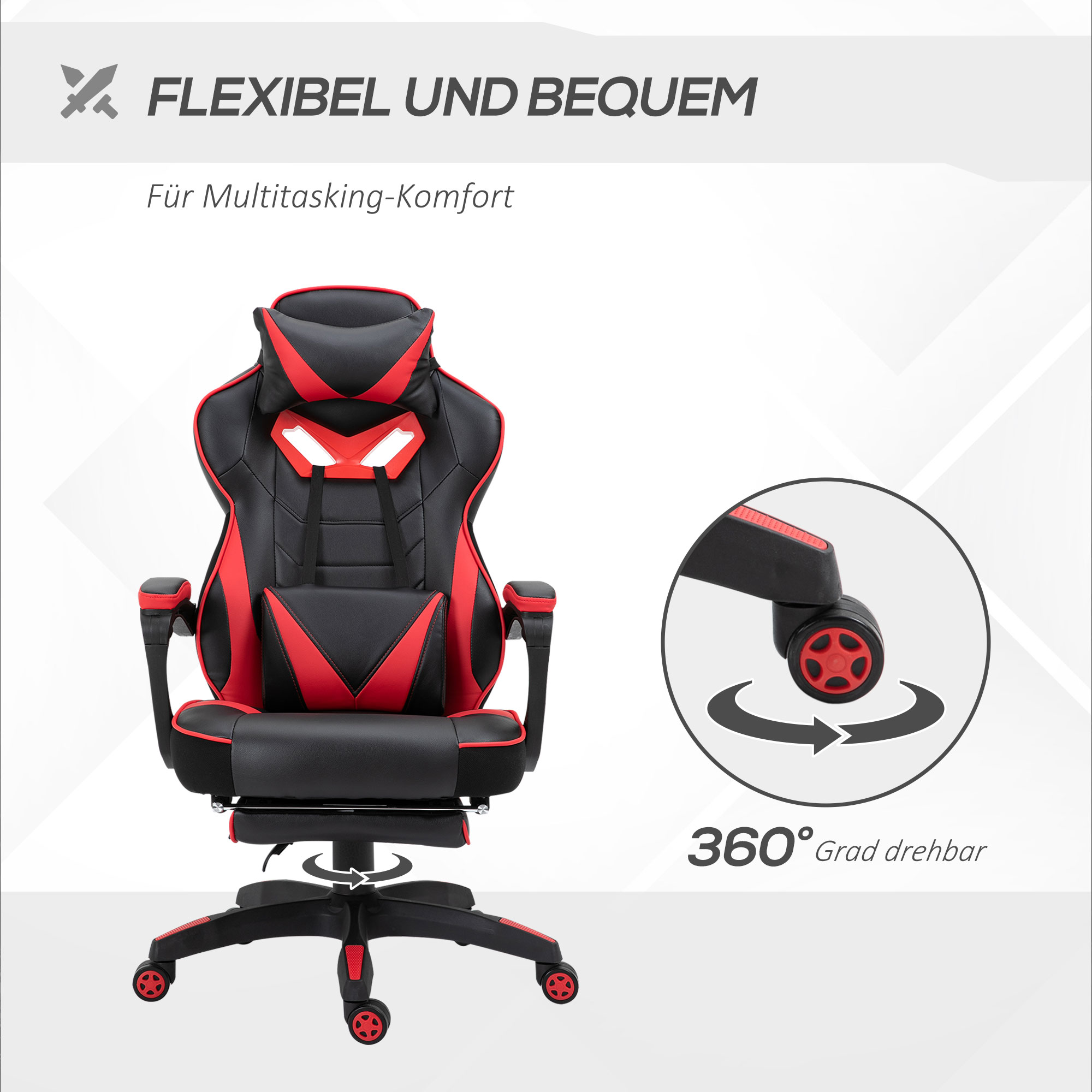 Ein rot-schwarzer Gaming-Stuhl mit drehbarem Fuß und roten Akzenten.