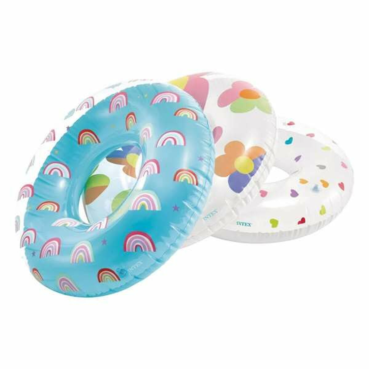 Tre anelli gonfiabili. Uno blu con arcobaleni, uno bianco con fiori, uno bianco con cuori. Per bambini.