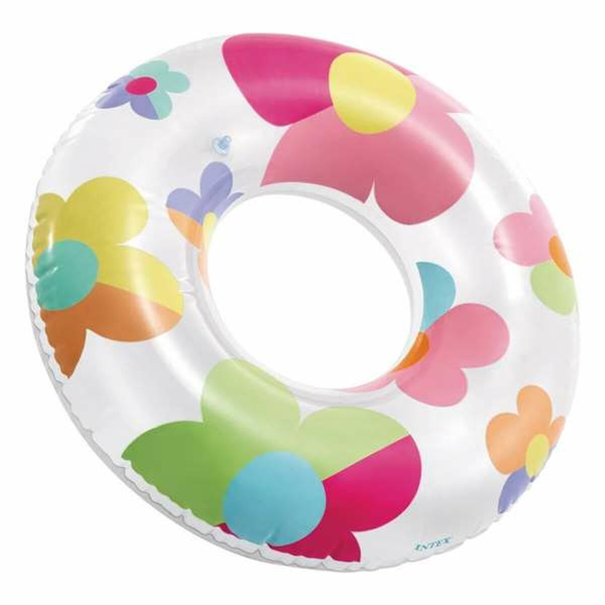Un anello gonfiabile bianco con fiori colorati. I fiori sono rosa, arancioni, gialli, verdi e blu. Per bambini.