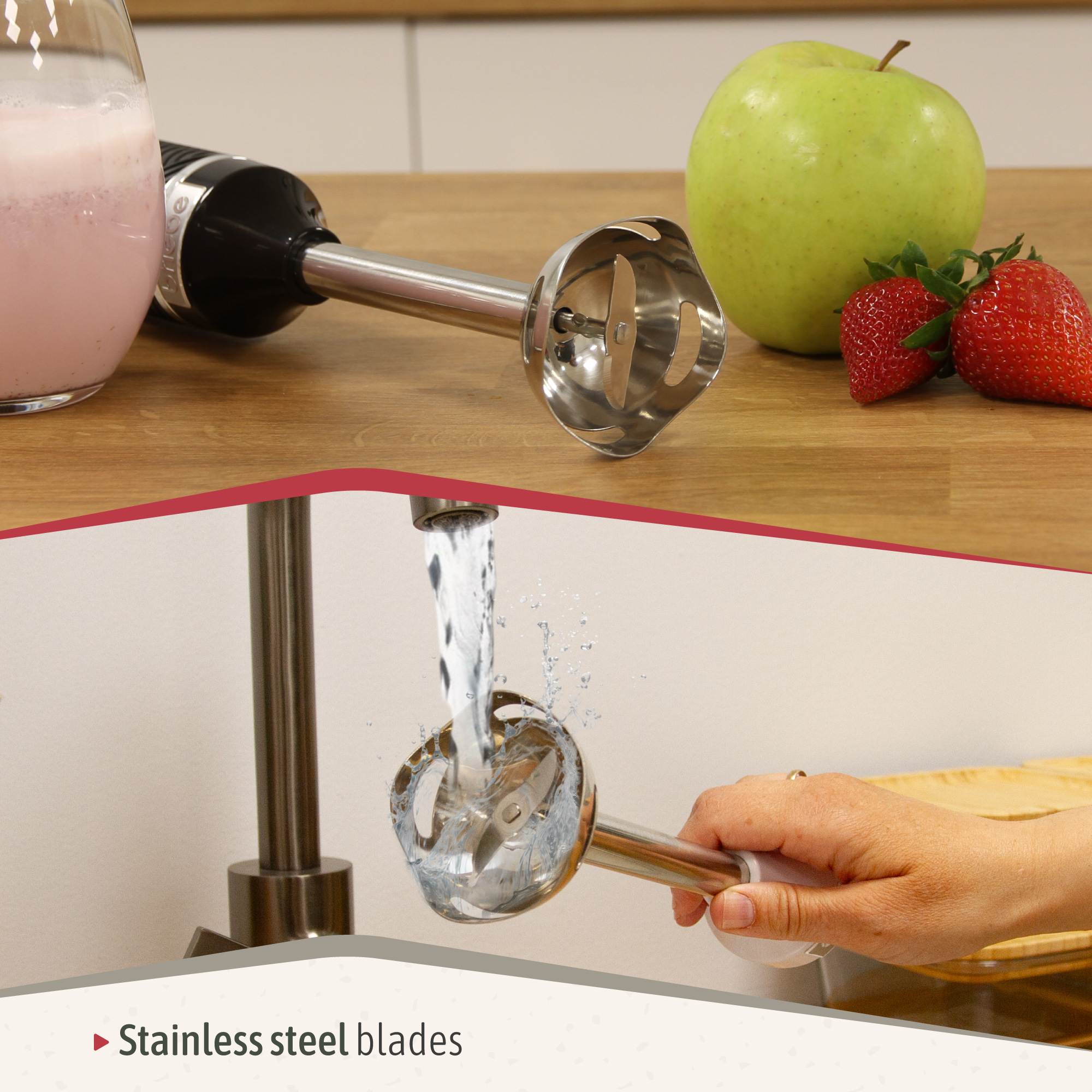 Batidora de mano en uso. Batidora en agua, fresas y una manzana cerca.