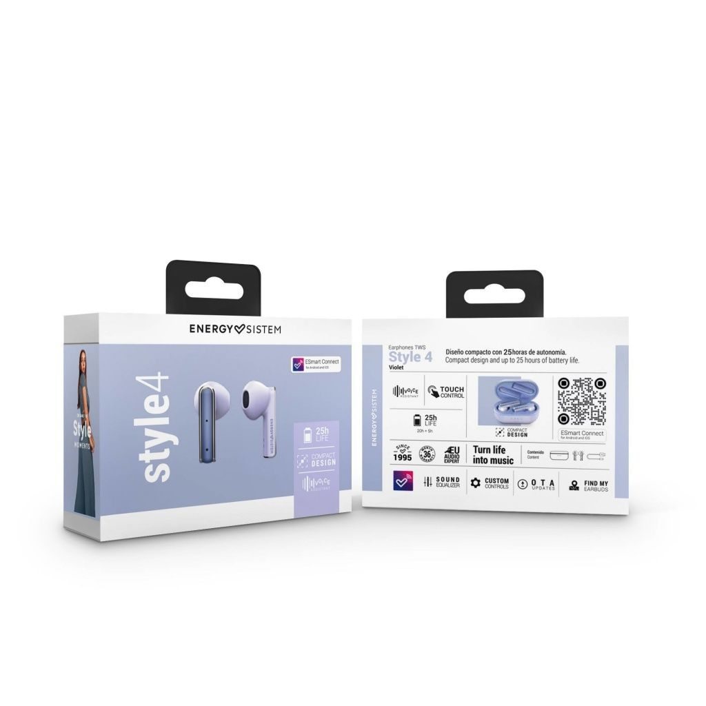 Caja de auriculares violeta Energy Sistem Style 4. Tiene un asa negra. La caja tiene imágenes de los auriculares.