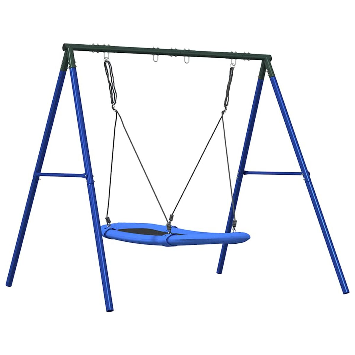Un'altalena blu con un sedile blu. Il telaio è blu e verde.