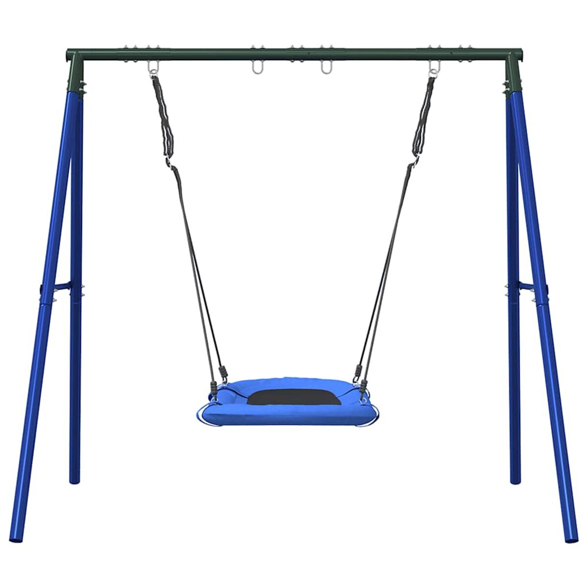 Un'altalena blu con un sedile blu. Il telaio è blu e verde. L'altalena pende dalla barra superiore.