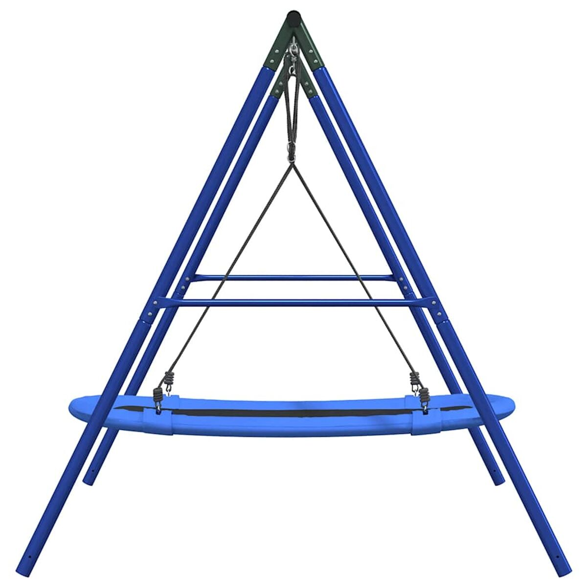 Un'altalena blu con un sedile piatto blu. Il telaio è blu. L'altalena pende dalla barra superiore.