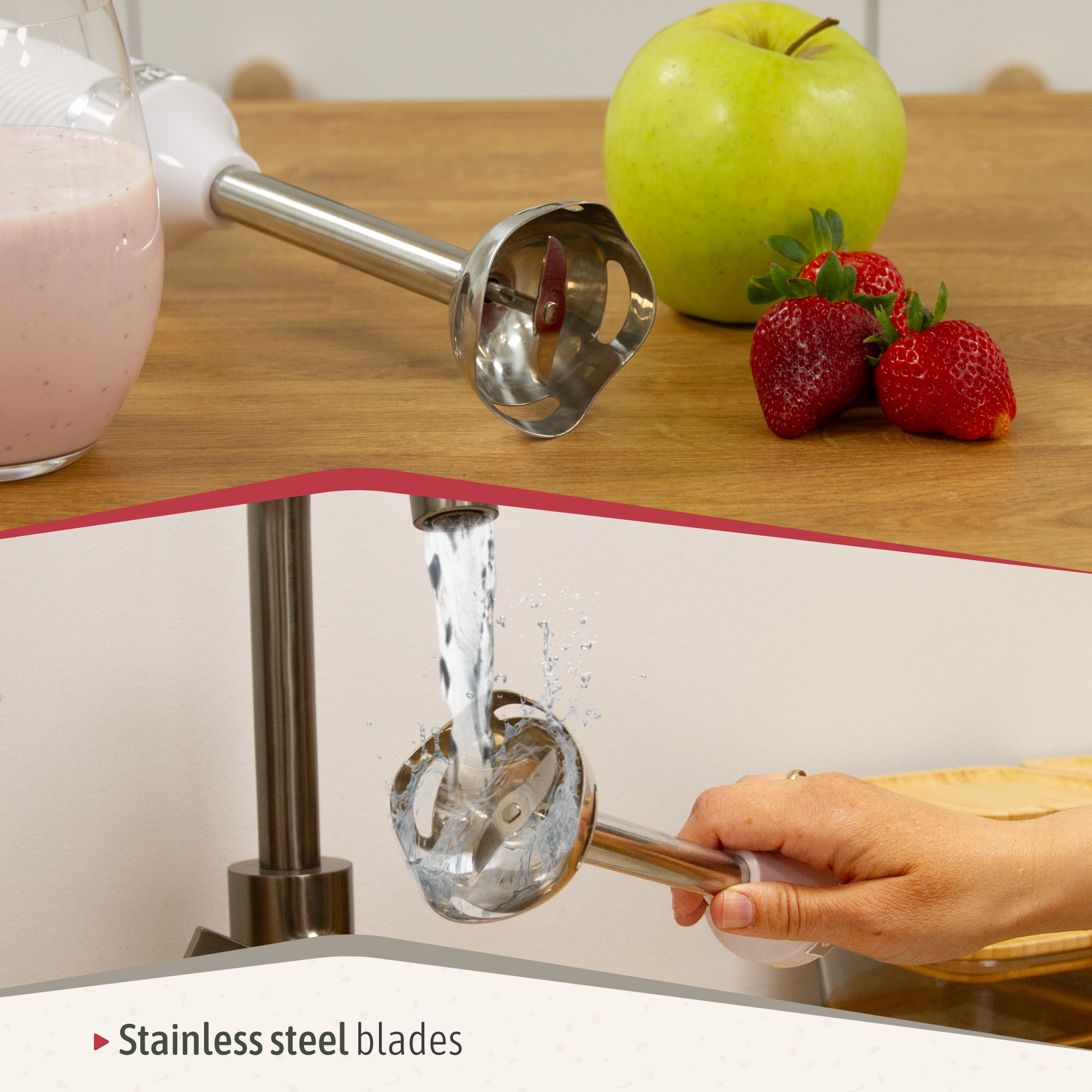 Dos imágenes que muestran la limpieza de las cuchillas de la batidora de mano de acero inoxidable. Manzana verde y fresas.