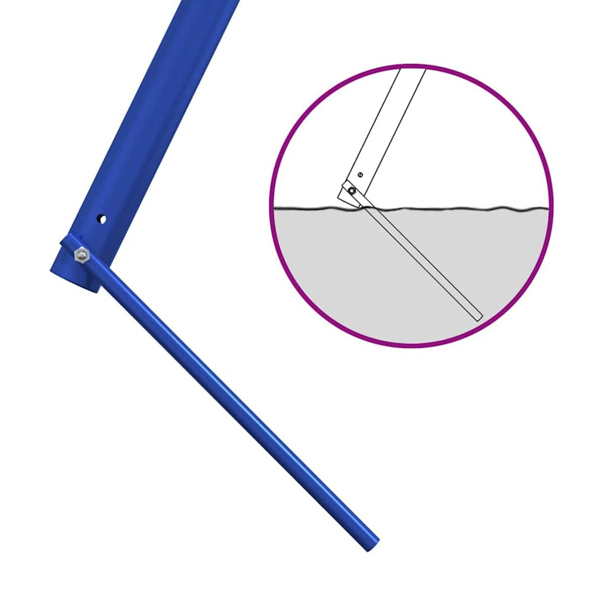 Un primo piano di un giunto della gamba dell'altalena blu. Un diagramma mostra come si collega.