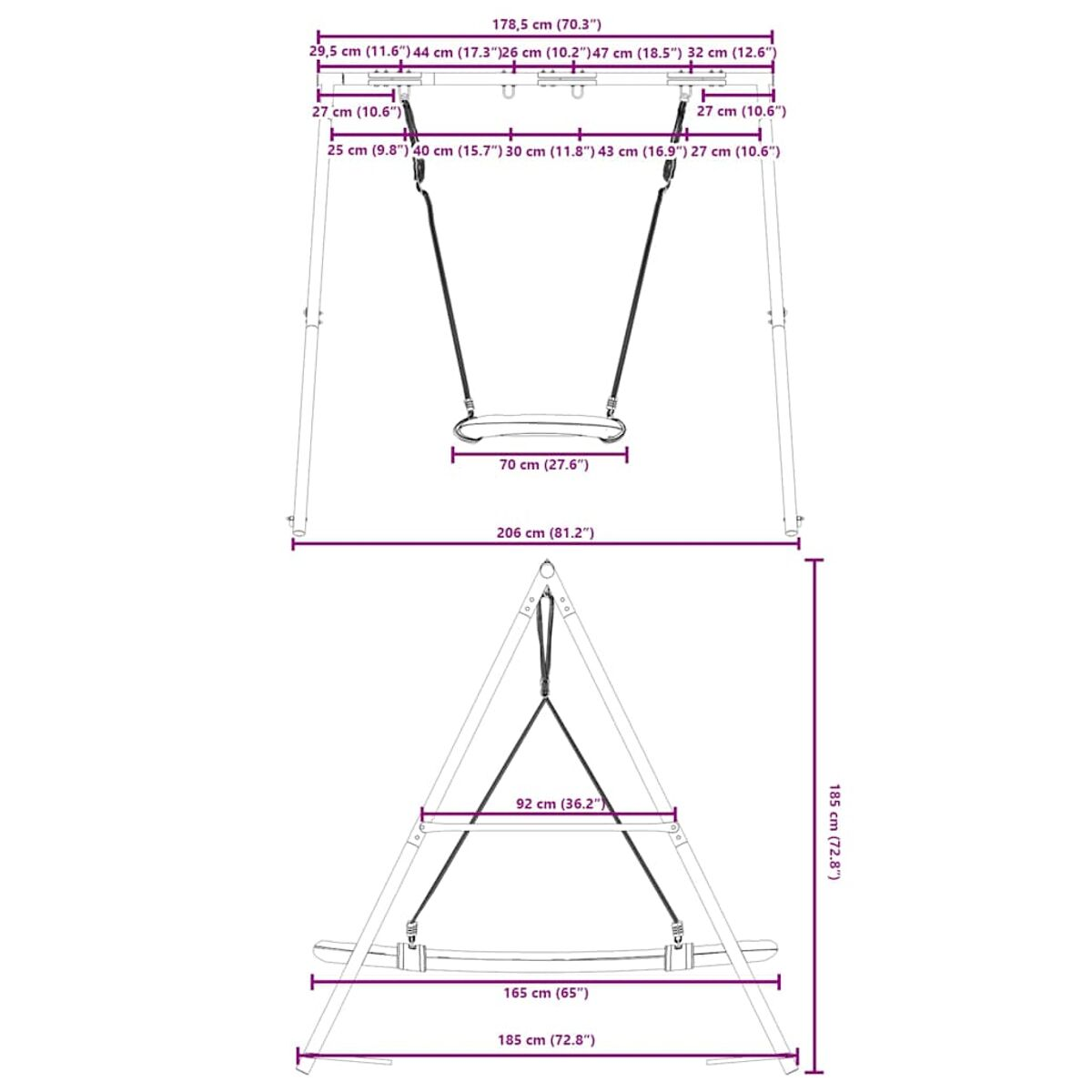 Diagramma di un'altalena con misure. Le dimensioni sono in cm. Mostra viste dall'alto e laterali con misure.