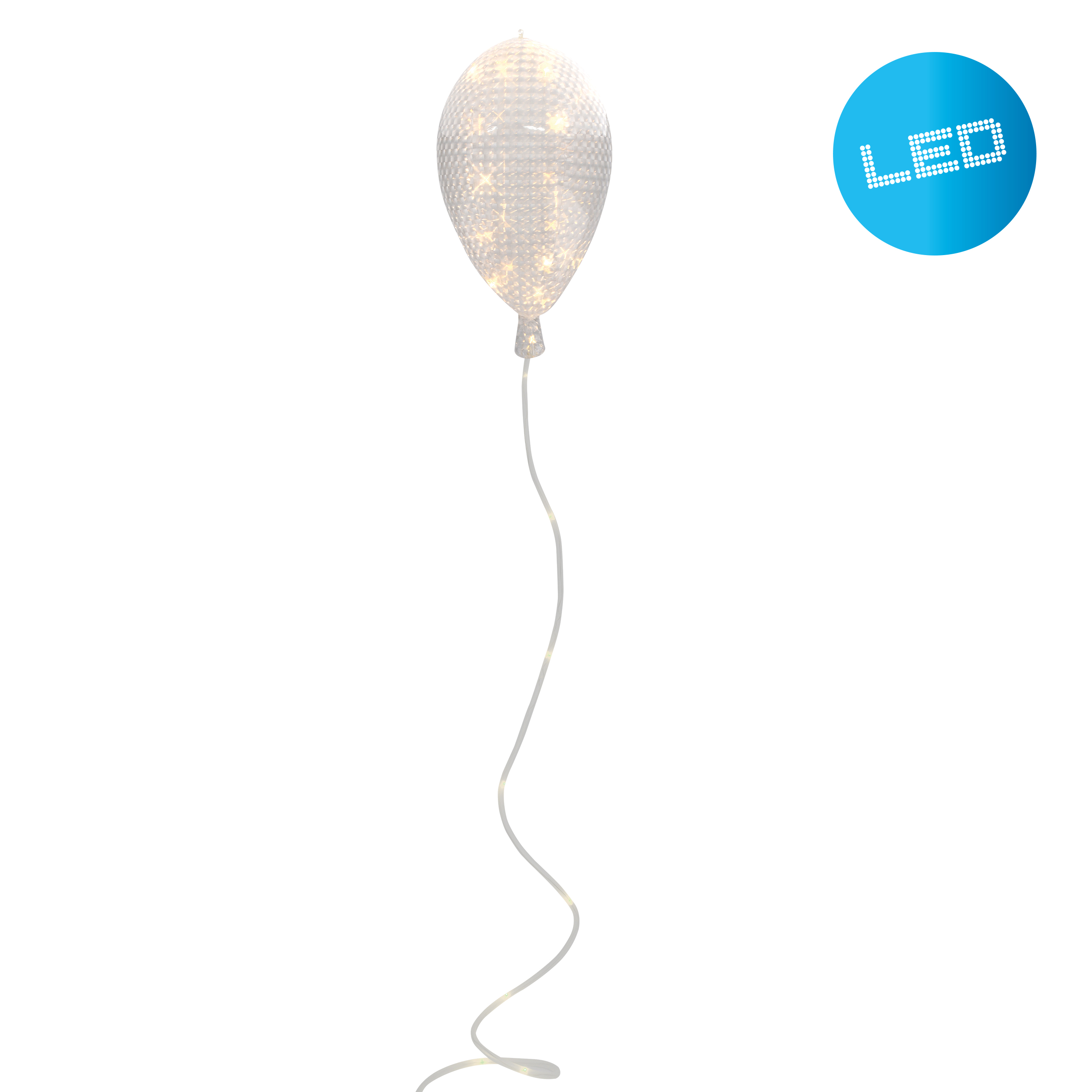 Eine weiße, ballonförmige LED-Lichtdekoration mit einem blauen LED-Symbol auf weißem Hintergrund.