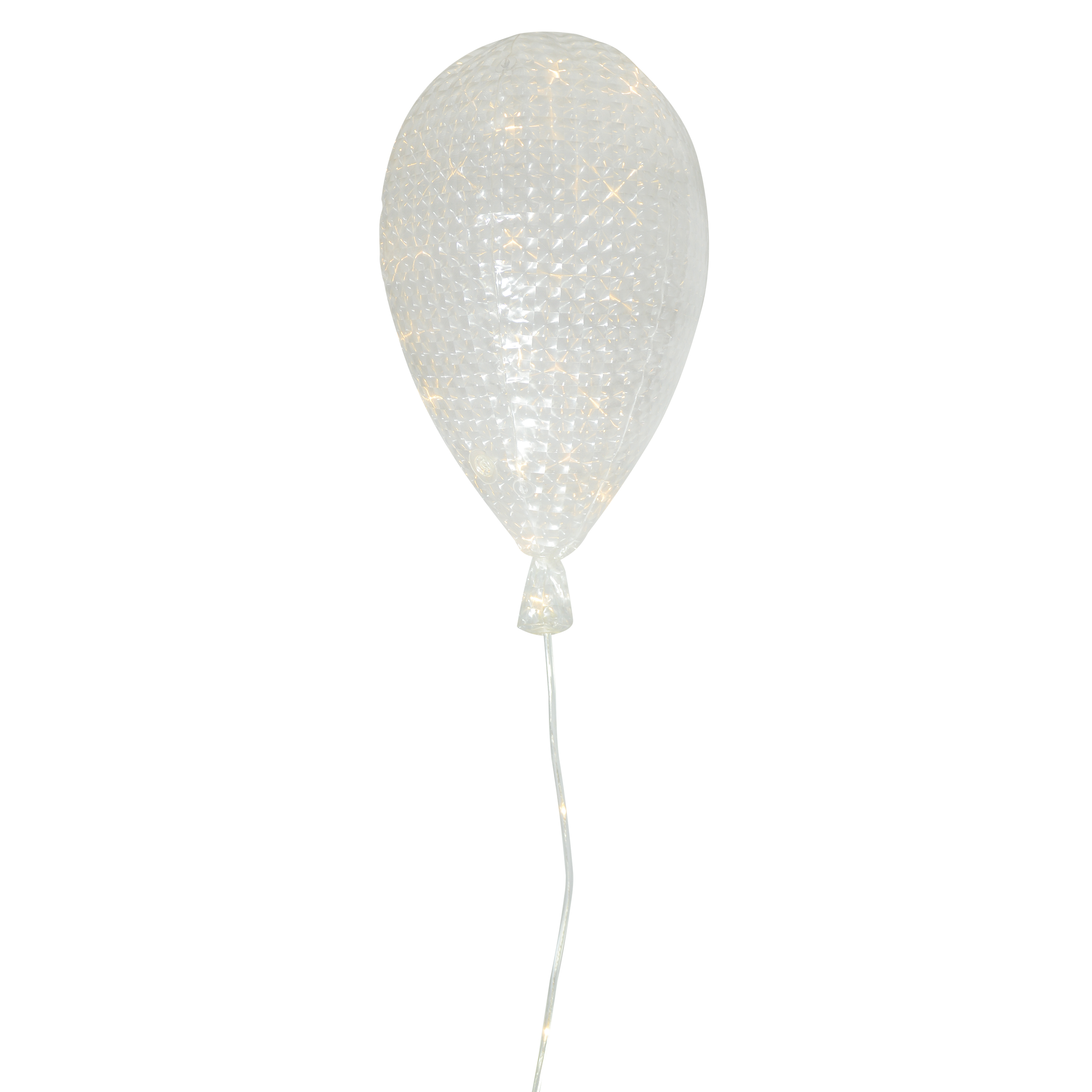 Ein klarer, weißer ballonförmiger Gegenstand mit Innenbeleuchtung, hängt an einem dünnen weißen Faden.