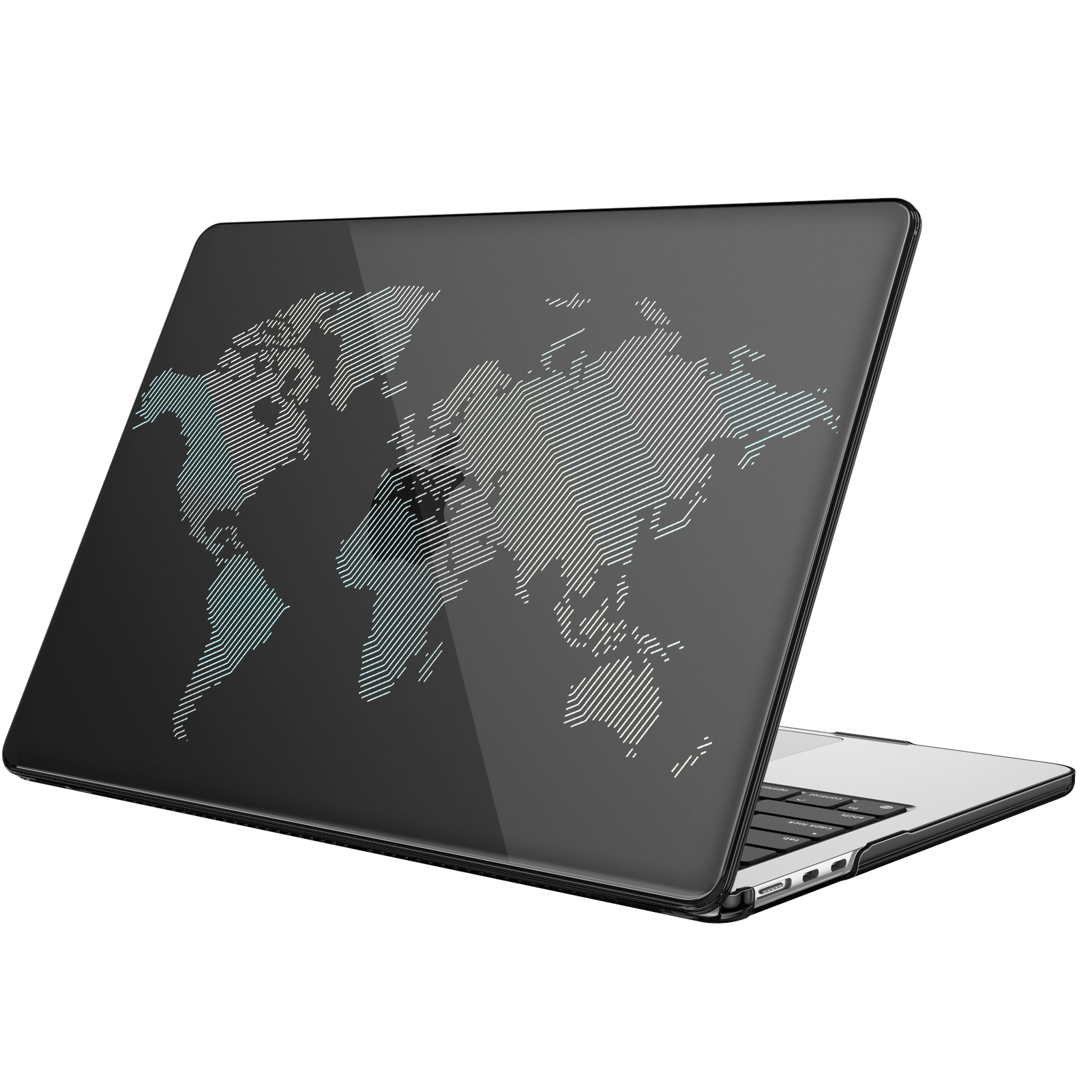 Ein Laptop mit Weltkarten-Design auf der Rückseite, schwarz und silberfarben.