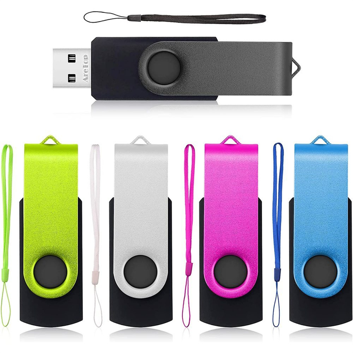 Verschiedene USB-Sticks in verschiedenen Farben und Designs, oben ein schwarzer und grauer.