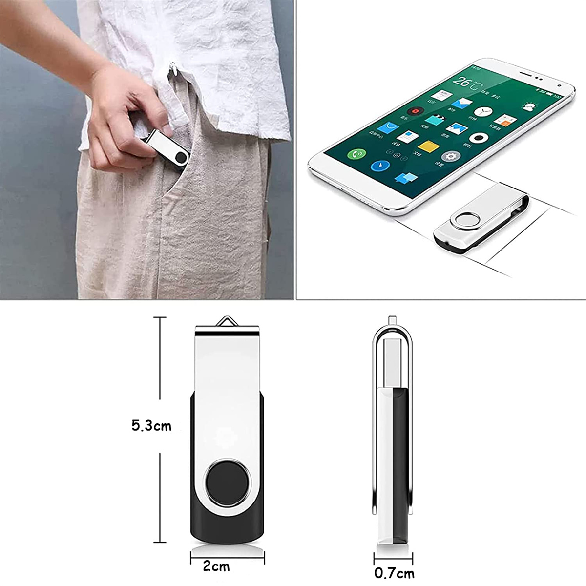 Ein USB-Stick in einer Tasche, daneben ein Smartphone und ein weiterer USB-Stick.