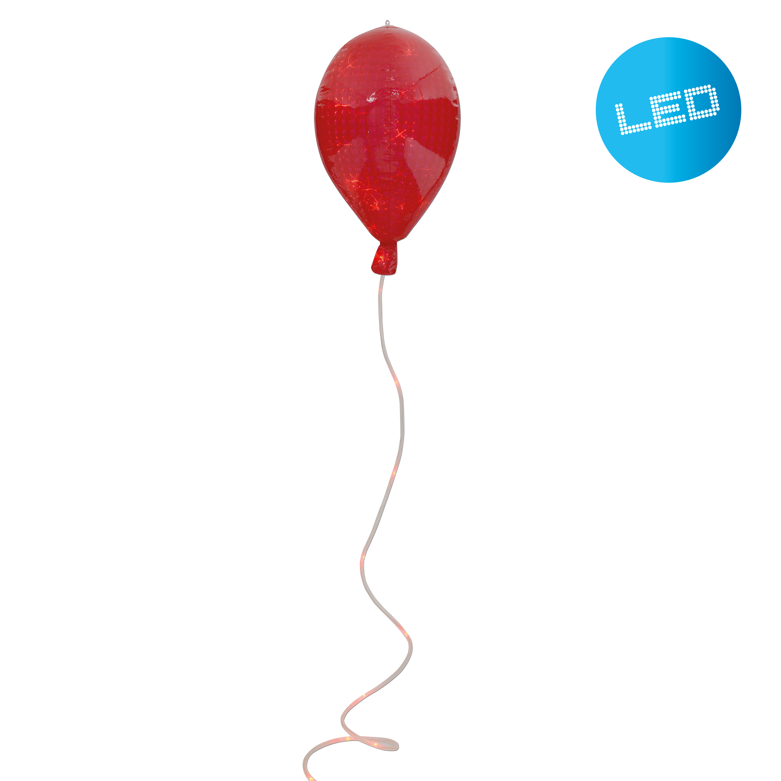 Ein roter Ballon mit weißer Schnur, daneben ein blauer LED-Kreis.
