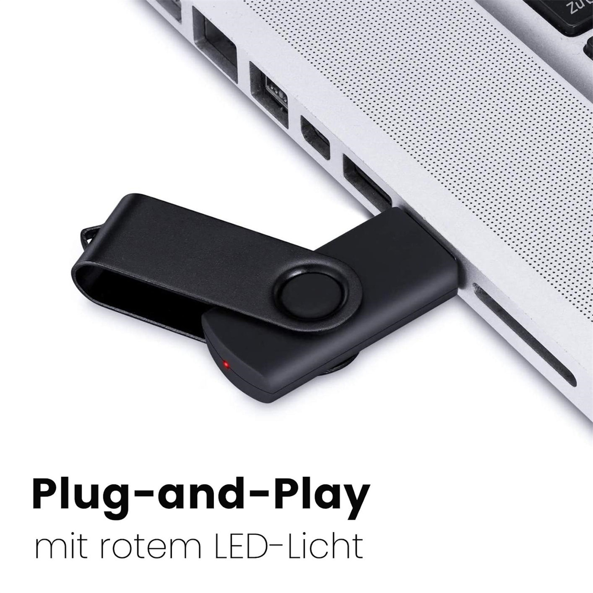 Ein schwarzer USB-Stick in einem Laptop-Anschluss, mit rotem LED-Licht.
