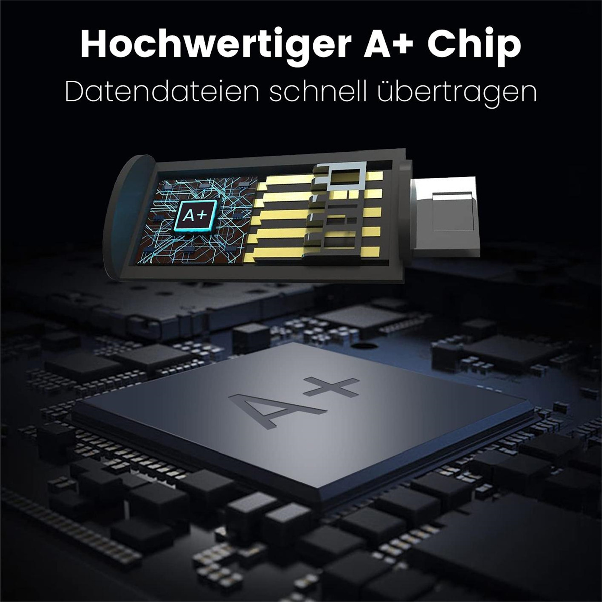 Nahaufnahme eines Computerchips mit deutschem Text, auf dunklem Hintergrund, mit anderen Elementen.