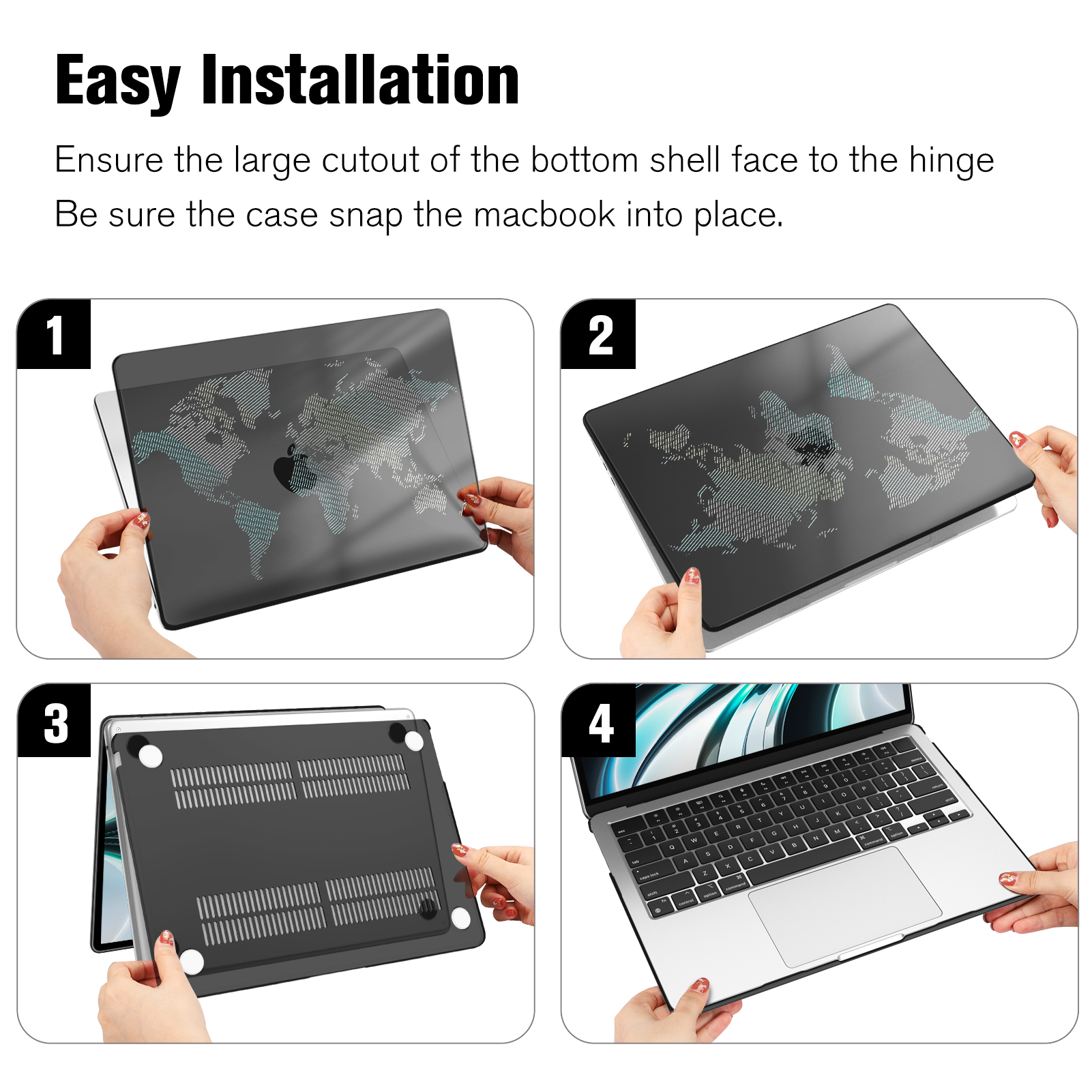 Schritte 1-4 zeigen die Installation eines Laptop-Gehäuses. Ein Weltkartendesign ist sichtbar. Hände installieren das Gehäuse.