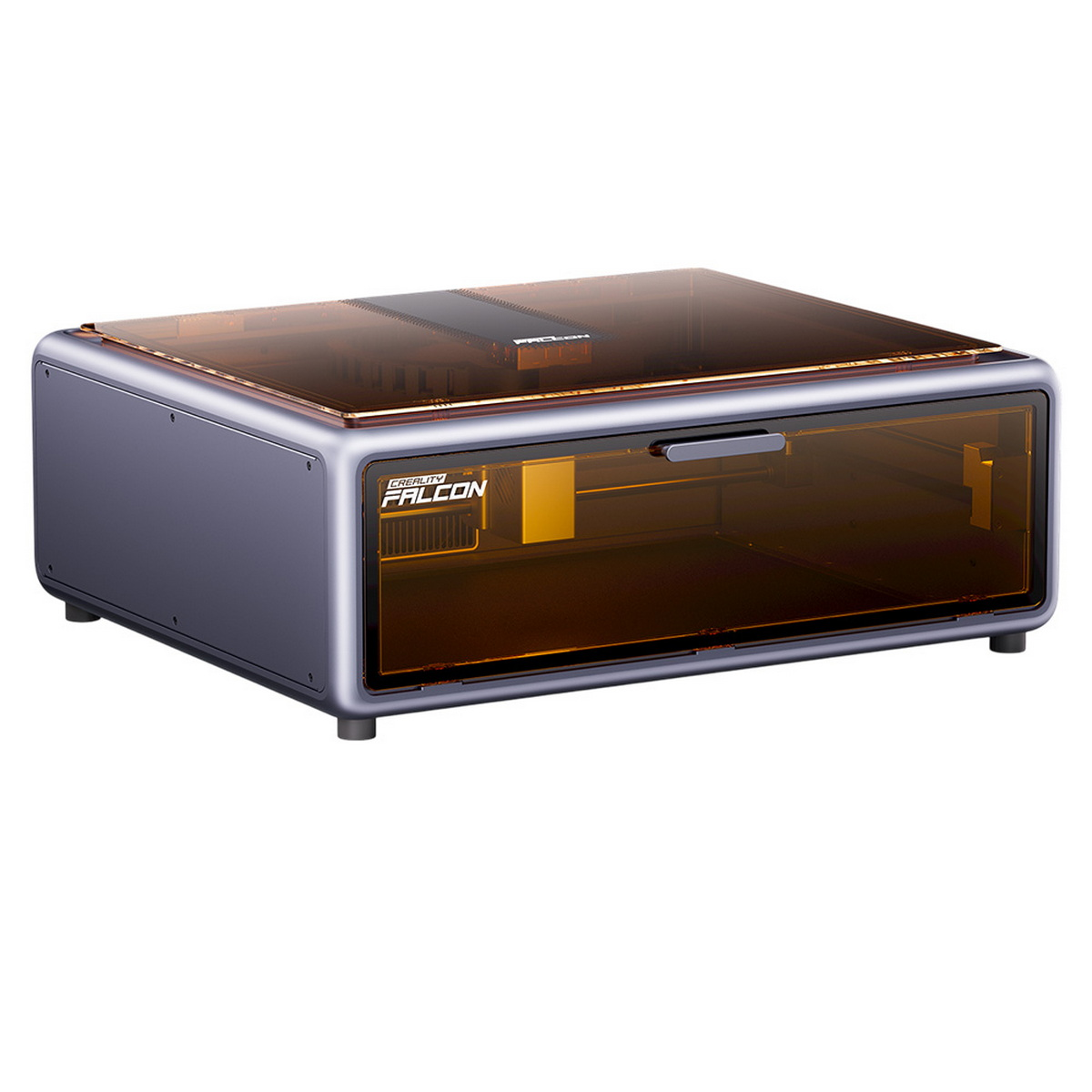 Macchina per incisione laser in un involucro grigio, con coperchio trasparente colorato arancione. La macchina è mostrata di lato.