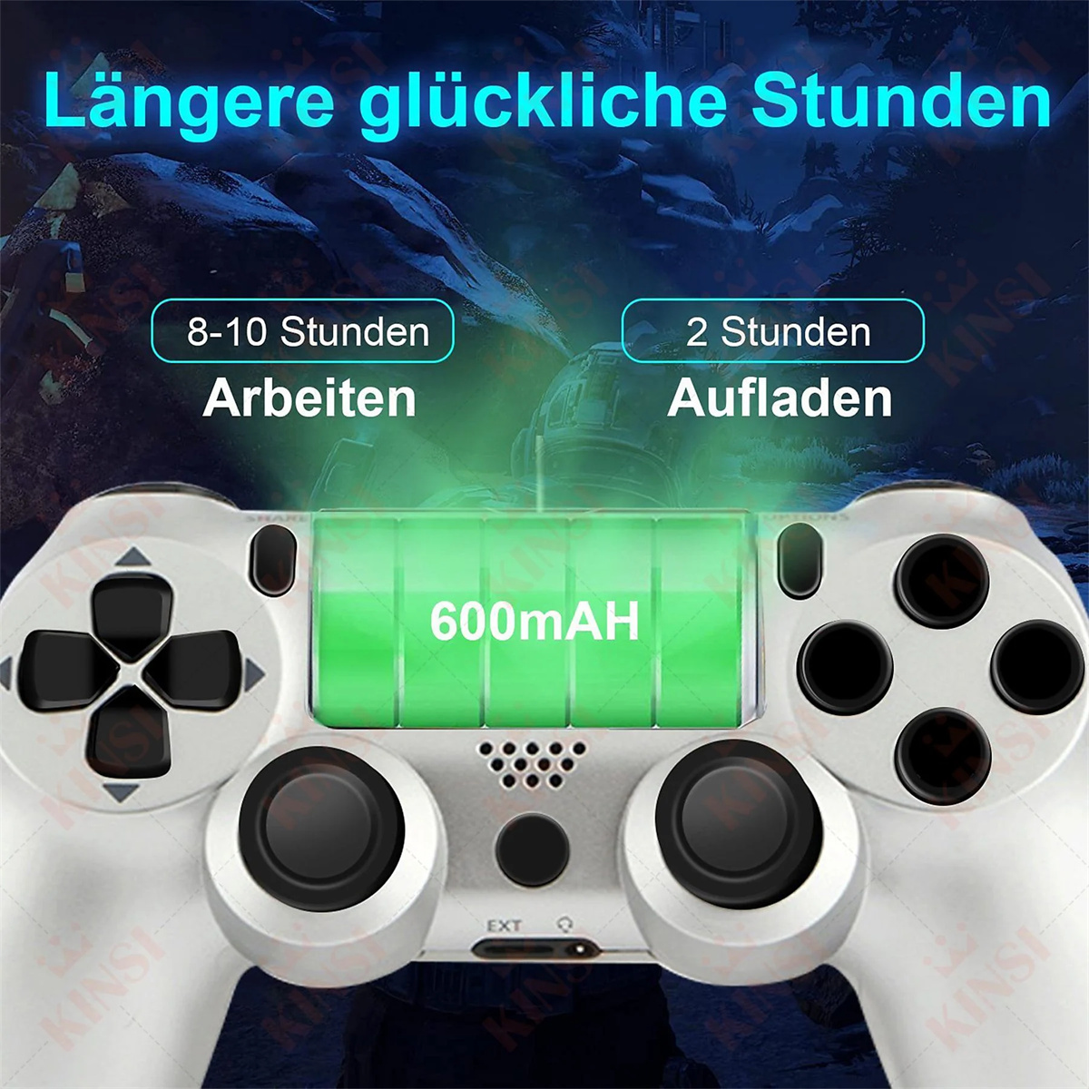 Nahaufnahme eines weißen PS4-Controllers. Der Controller hat schwarze Tasten und eine Batteriestandsanzeige.