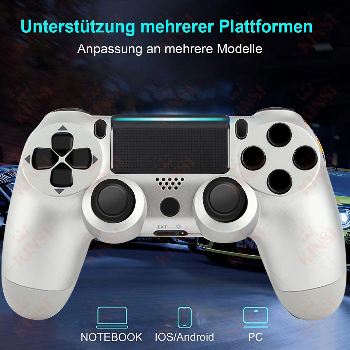 Ein weißer PS4-Controller mit schwarzen Tasten. Der Controller hat ein Touchpad und befindet sich vor einer Autografik.