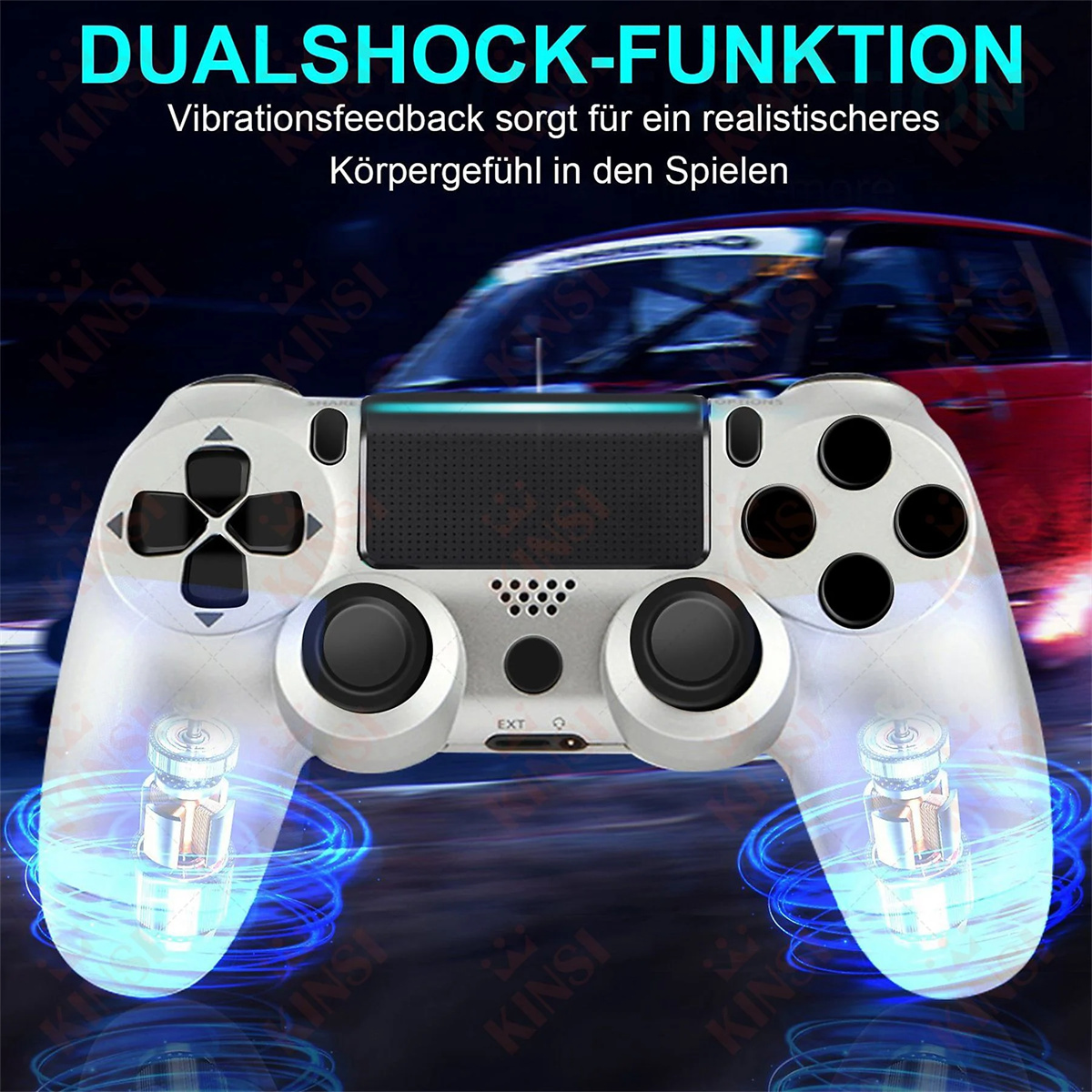 Ein weißer PS4-Controller mit einer Autografik im Hintergrund. Der Controller hat blaue leuchtende Lichter.