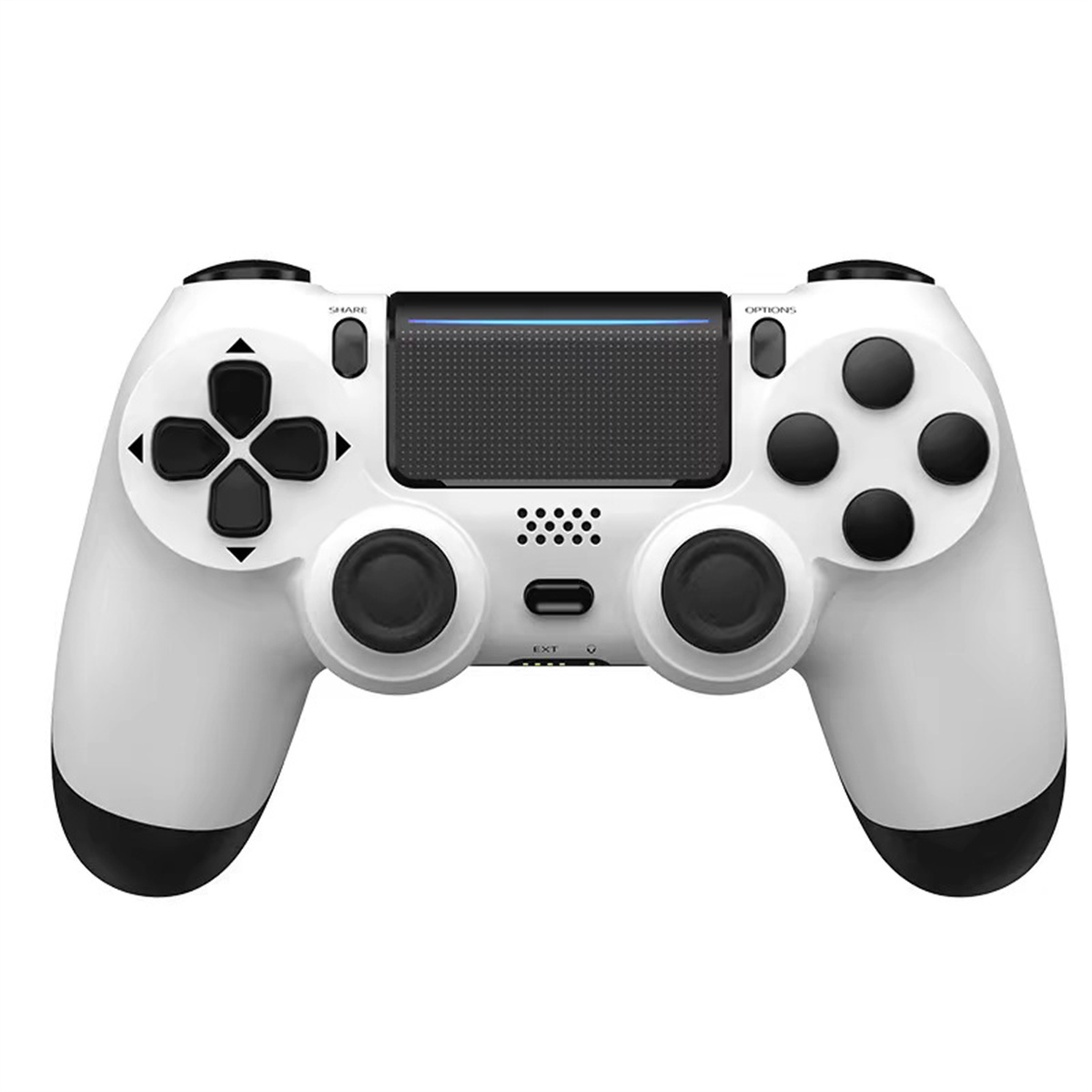 Ein weißer PS4-Controller mit schwarzen Tasten, einem Touchpad und einem schwarzen Design. Der Controller ist weiß.