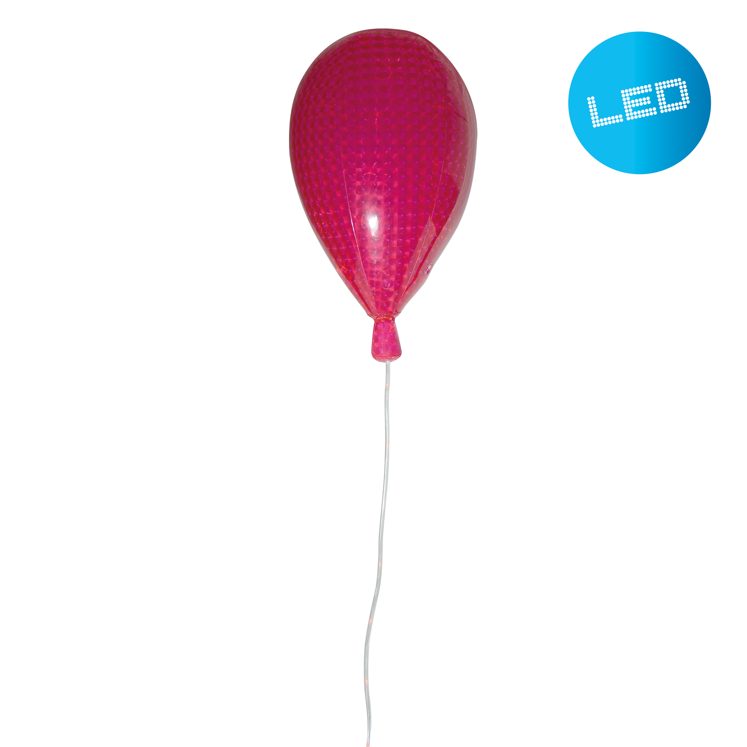 Ein rosa Ballon mit weißer Schnur und blauem LED-Schild.
