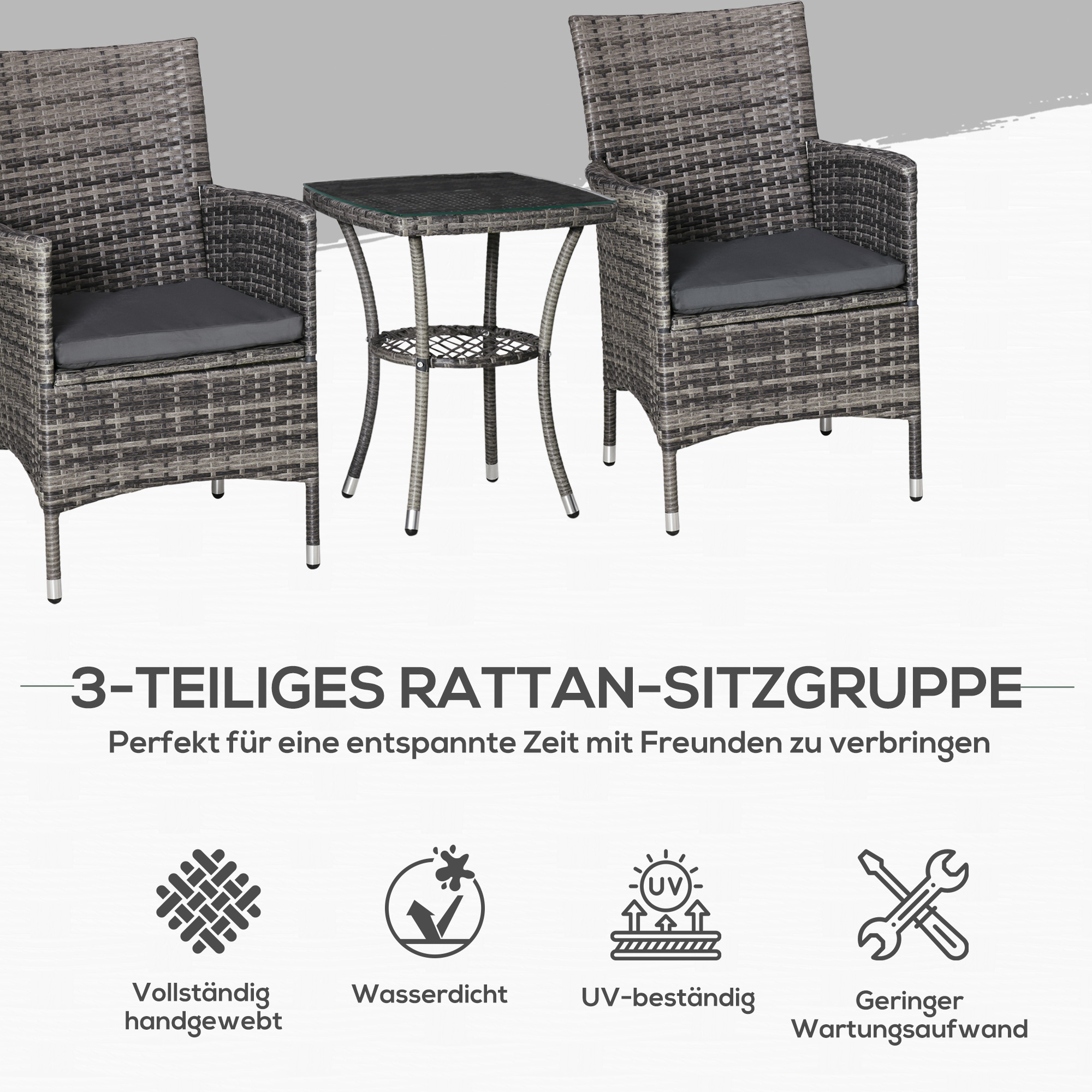 Zwei graue Rattan-Stühle und ein Tisch. Text auf Deutsch über Gartenmöbel.