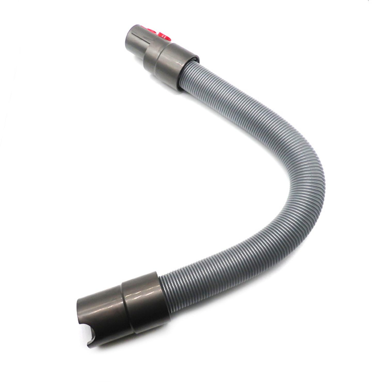 Ein grauer Staubsaugerschlauch mit gebogener Form.