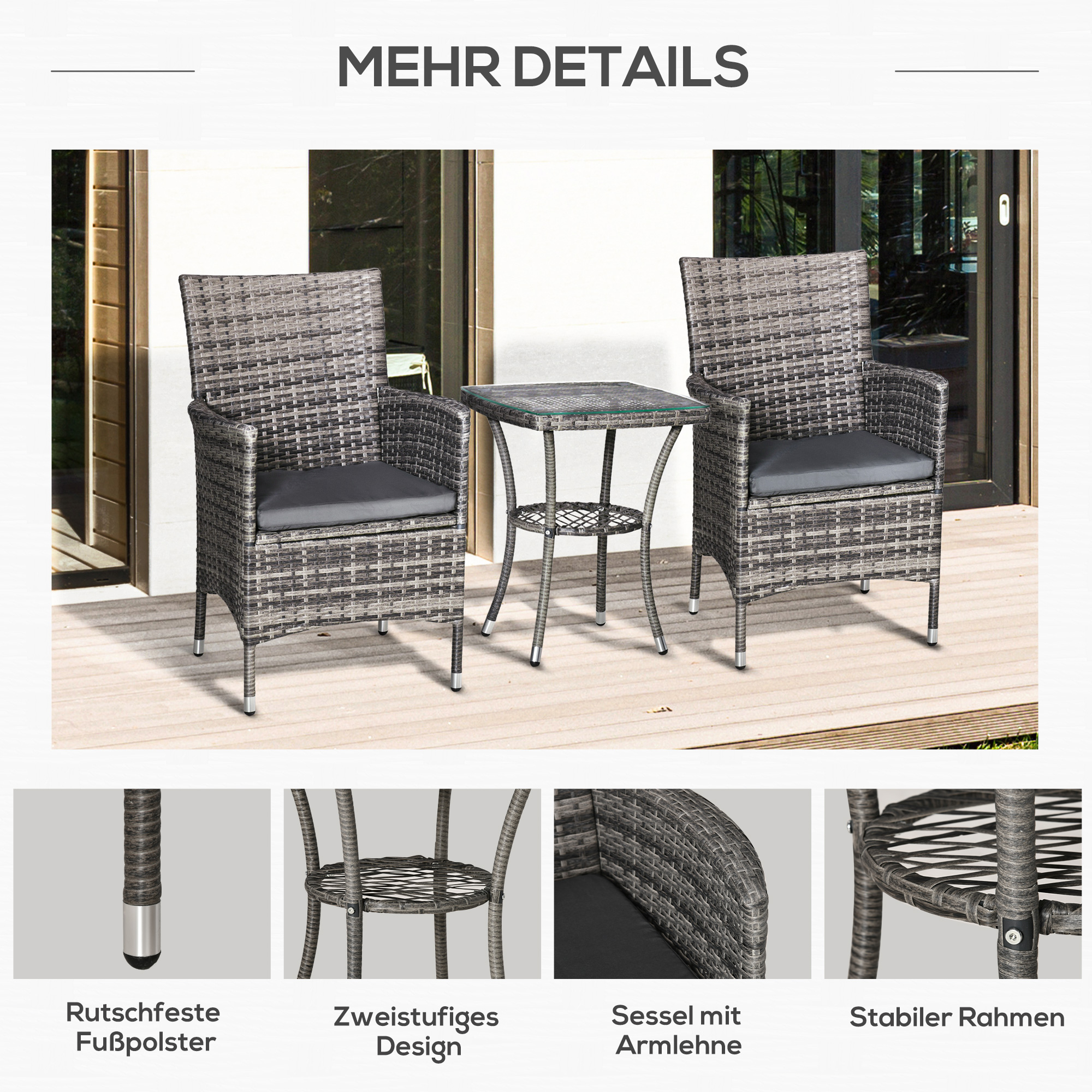 Zwei Stühle und ein Tisch, mit Details der Möbelteile unten. Text auf Deutsch.