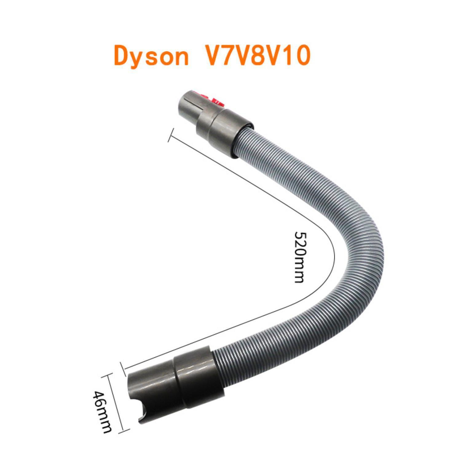 Ein grauer Staubsaugerschlauch mit Maßen. Text auf Englisch: Dyson V7V8V10.