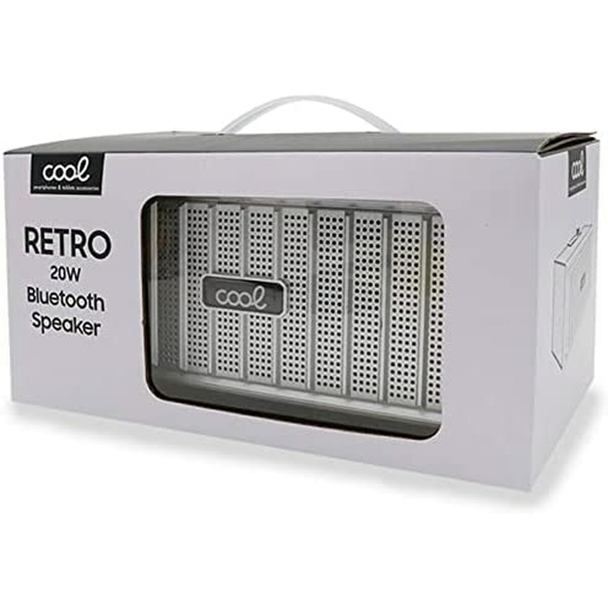 Ein Lautsprecher in einer weißen Box mit "Retro" und "cool" Branding.