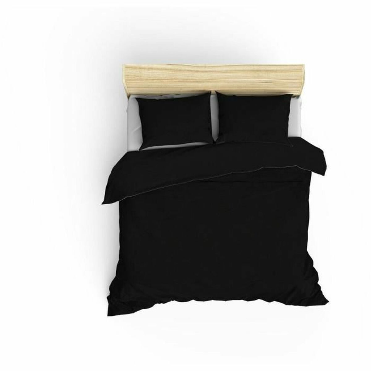 Schwarzes Bettwäsche-Set auf einem Bett mit Holz-Kopfteil.